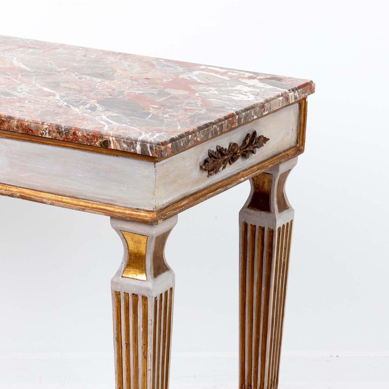 Italian Neoclassical Style Painted and Gilt Console with Marble Top For Sale 3