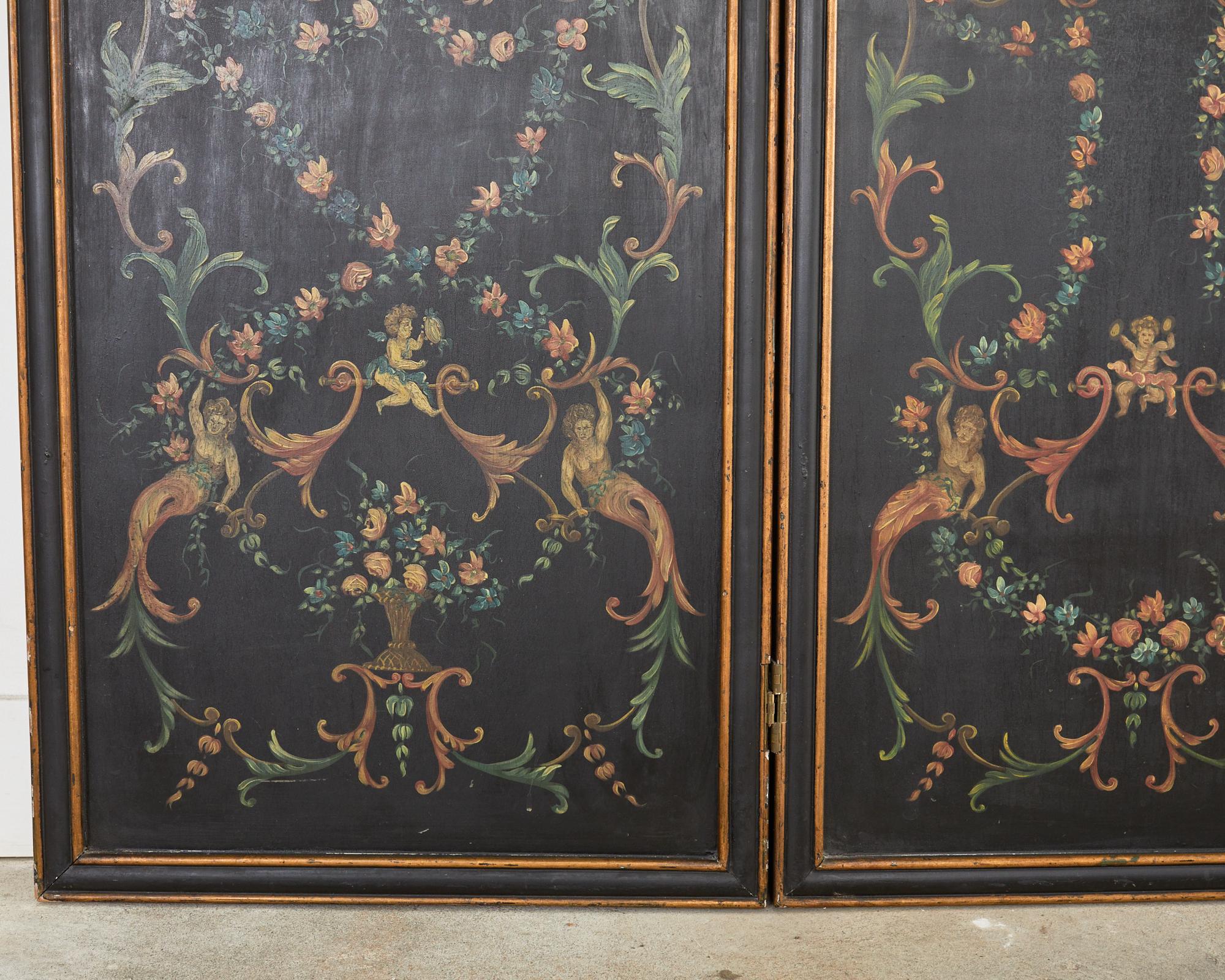 Italian Neoclassical Style Painted Four Panel Folding Screen For Sale 6