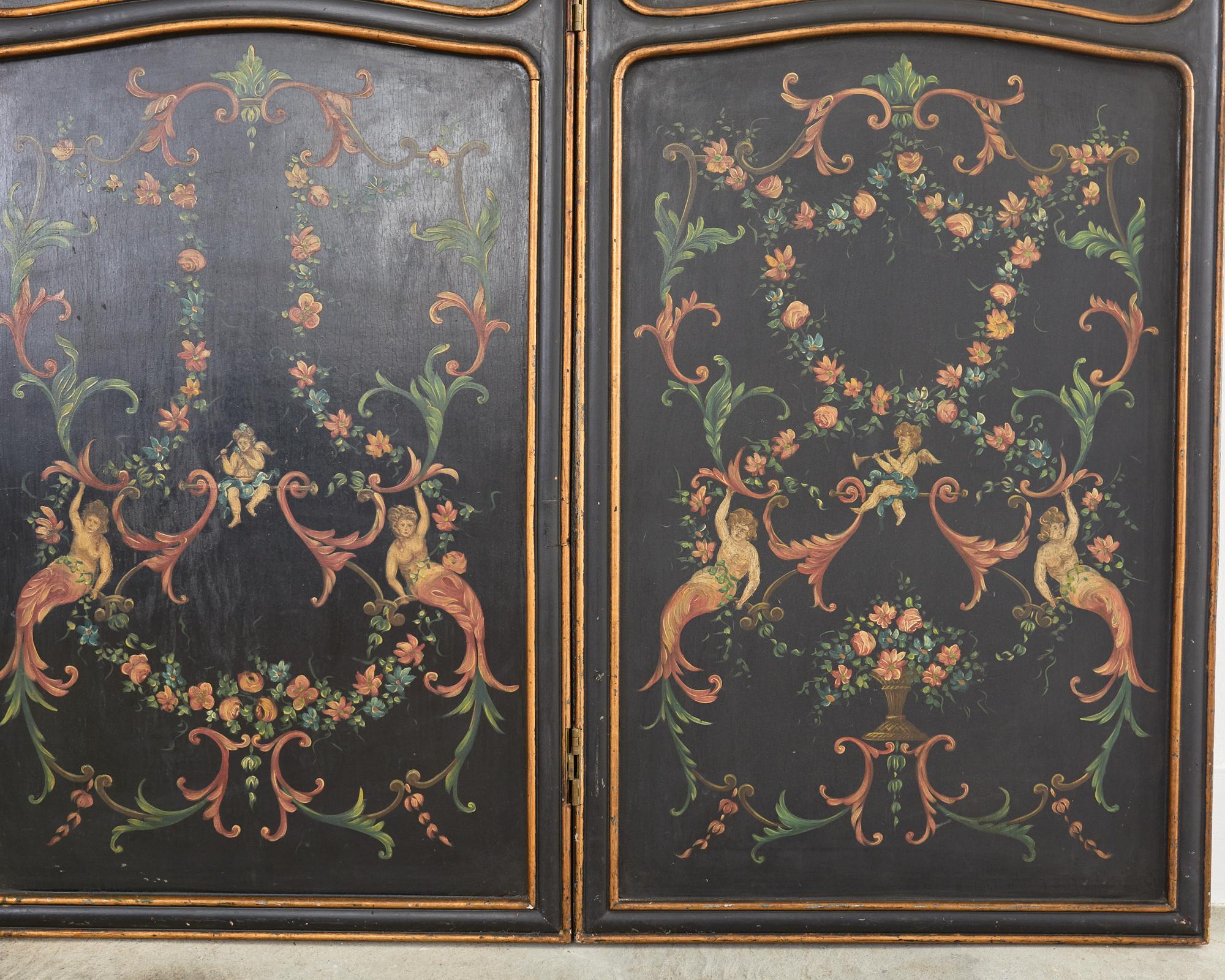 Italian Neoclassical Style Painted Four Panel Folding Screen For Sale 8