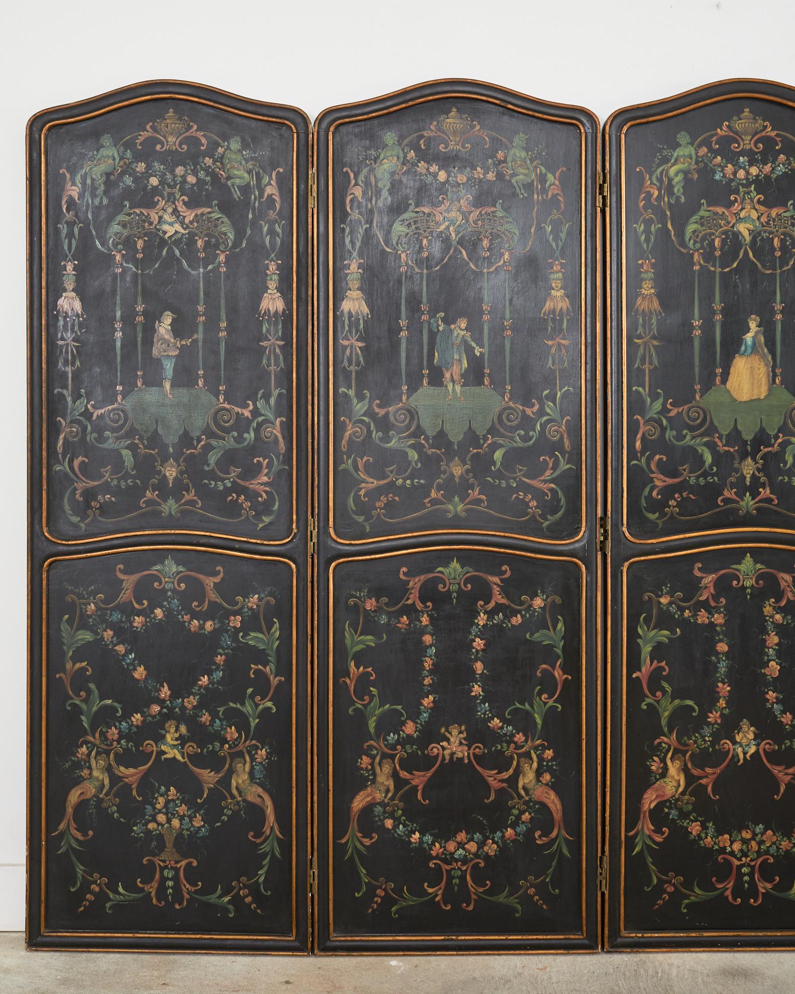 Lacquered Italian Neoclassical Style Painted Four Panel Folding Screen For Sale