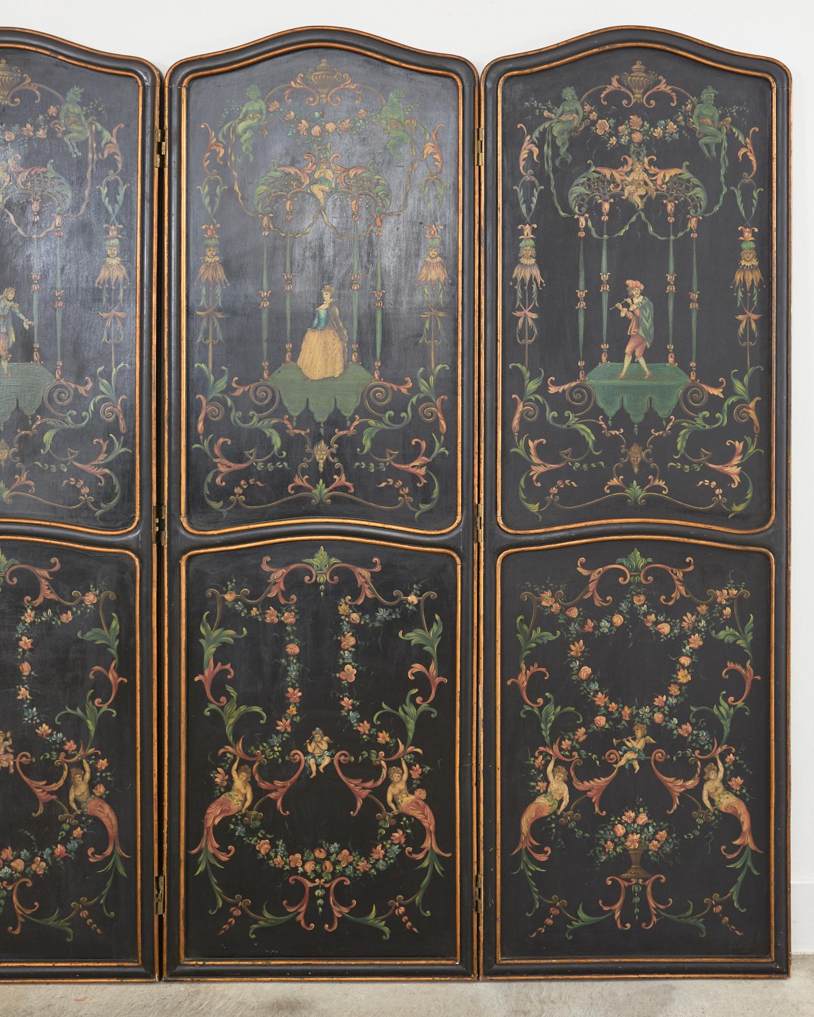 20th Century Italian Neoclassical Style Painted Four Panel Folding Screen For Sale