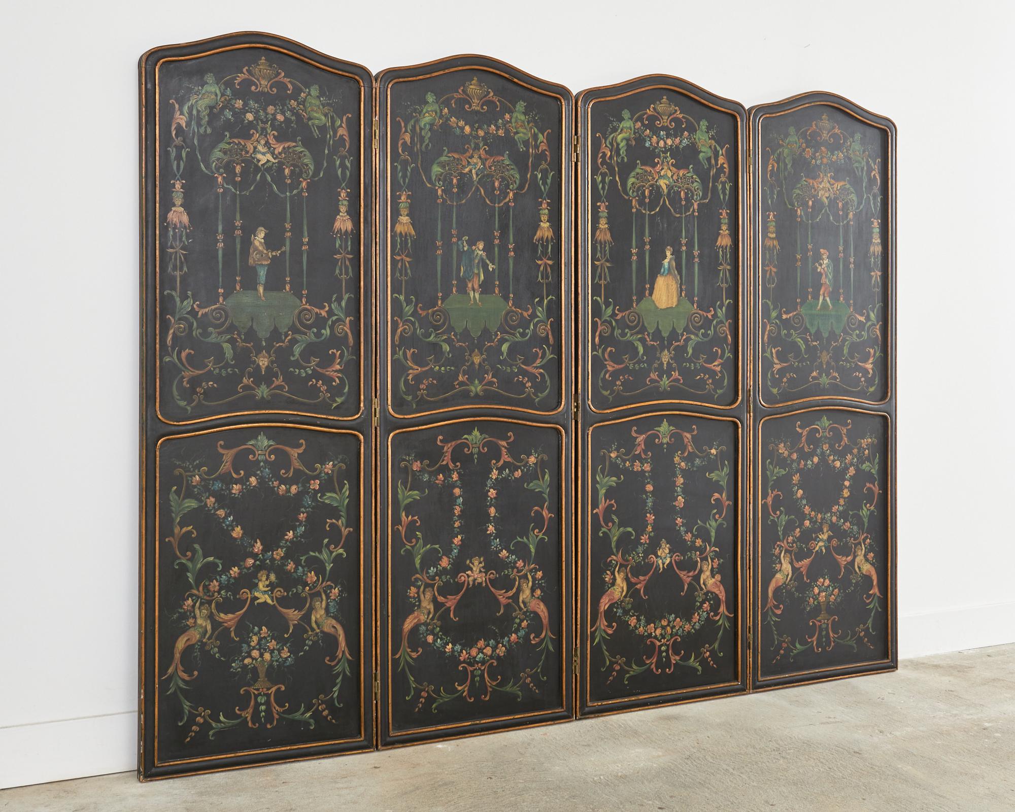 Italian Neoclassical Style Painted Four Panel Folding Screen For Sale 2