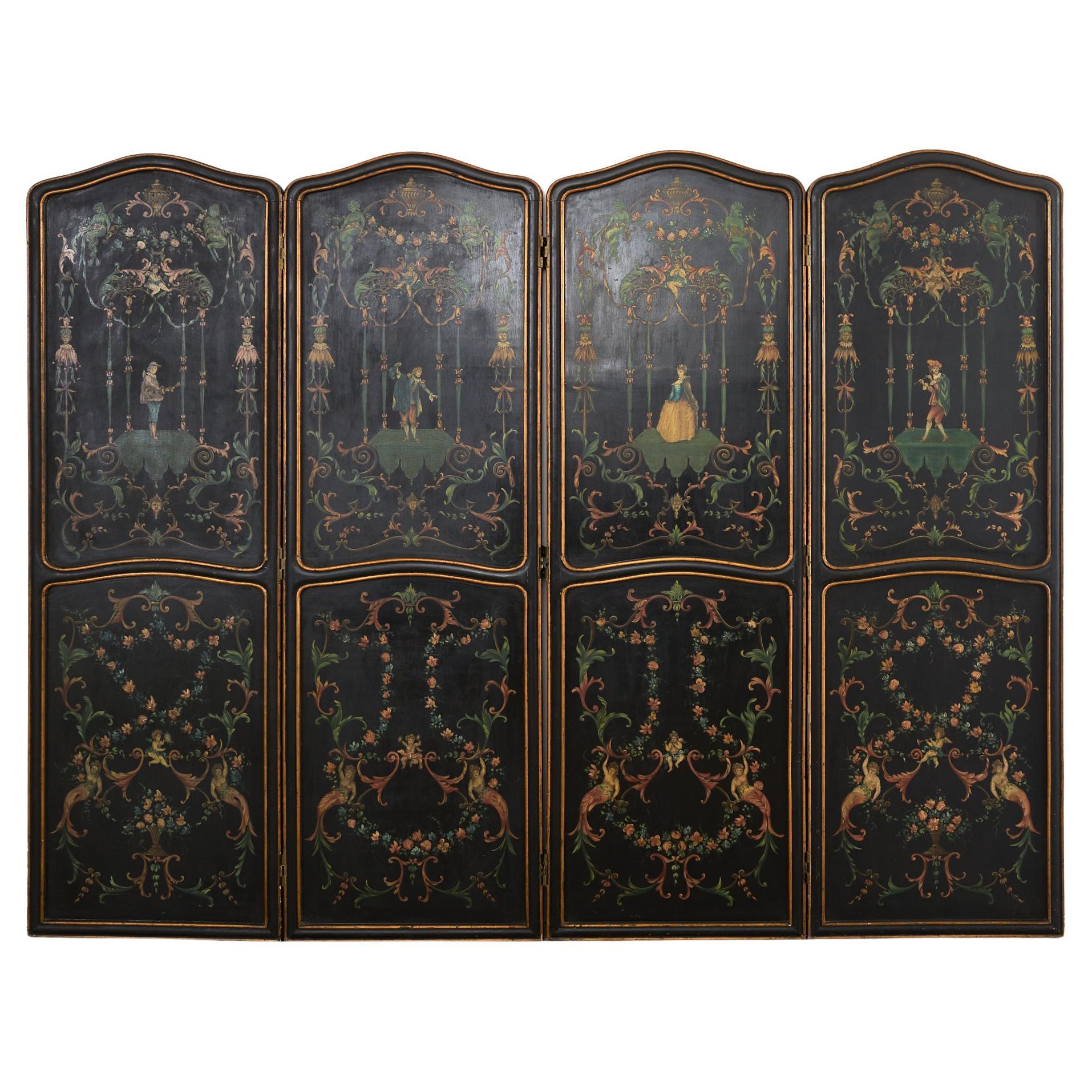 Italian Neoclassical Style Painted Four Panel Folding Screen For Sale