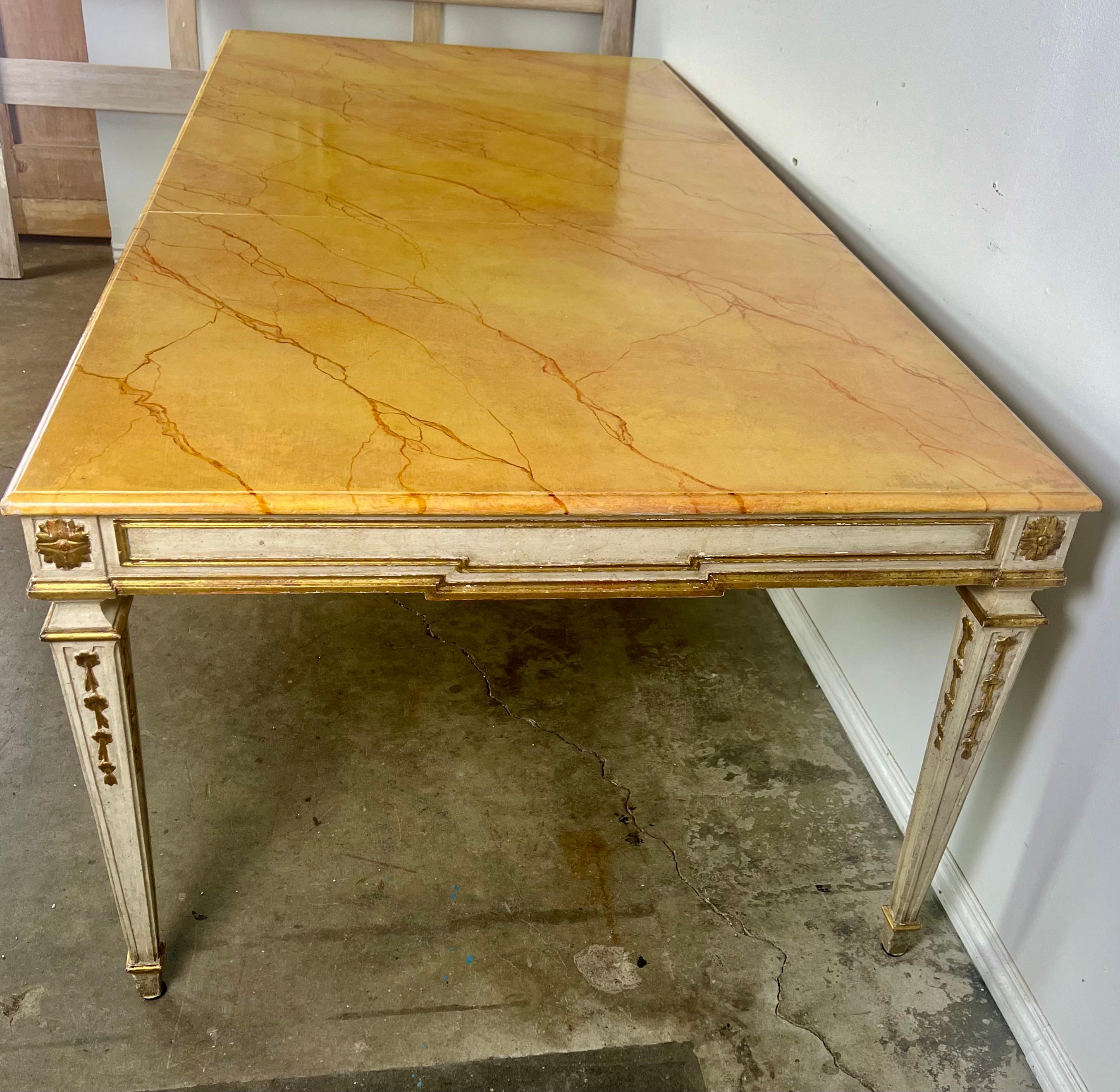 Italian Neoclassical Style Painted & Parcel Gilt Dining Table w/ Faux Marble Top For Sale 6