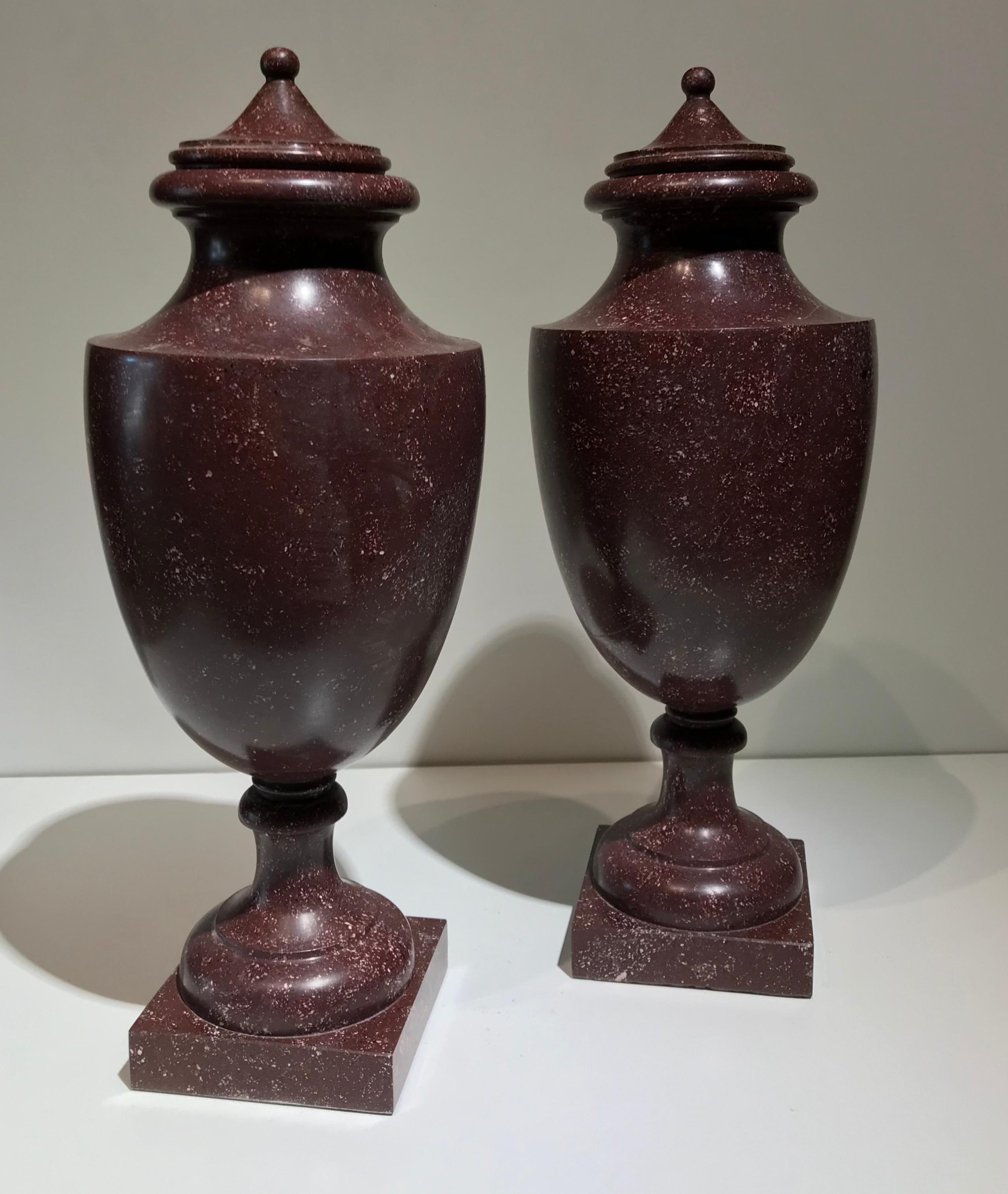 Italian Neoclassical Style Pair of Urns Made with Ancient Red Porphyry 1