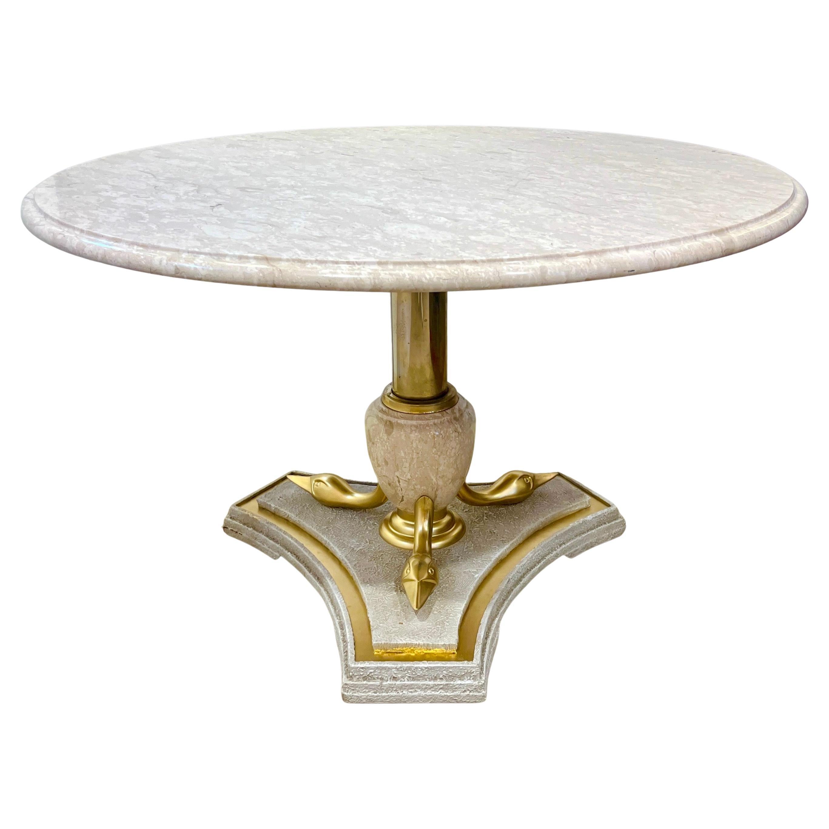 Italian Vintage Neoclassical Hollywood White Marble Center Table Brass Swan Base