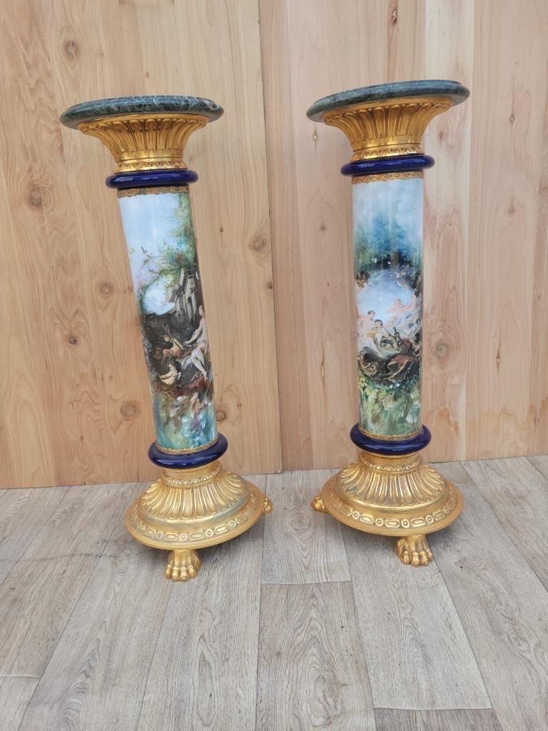Hand-Painted Italian Neoclassical Style Porcelain Brass and Marble Top Display Pedestals