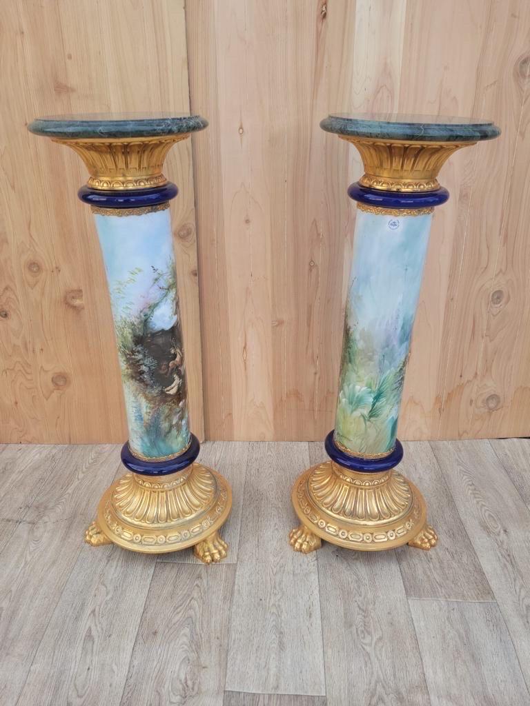 Italian Neoclassical Style Porcelain Brass and Marble Top Display Pedestals 1