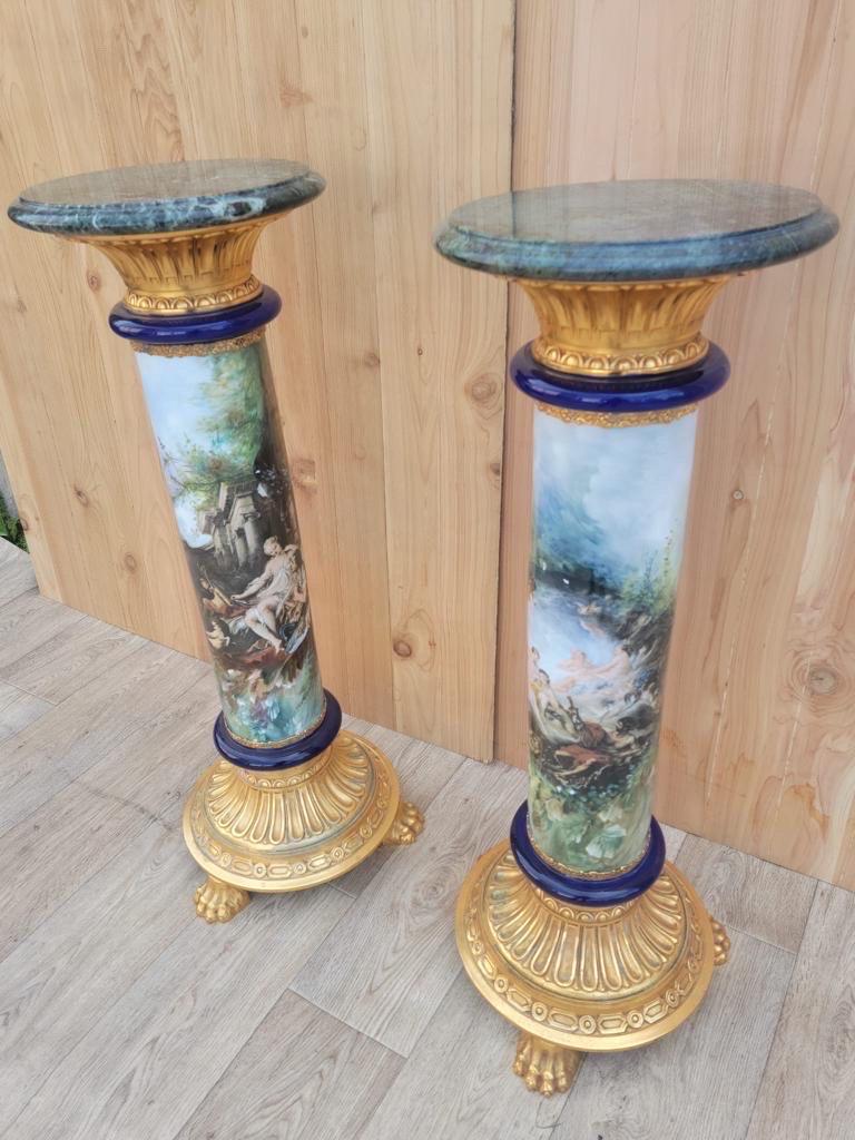 Italian Neoclassical Style Porcelain Brass and Marble Top Display Pedestals 3