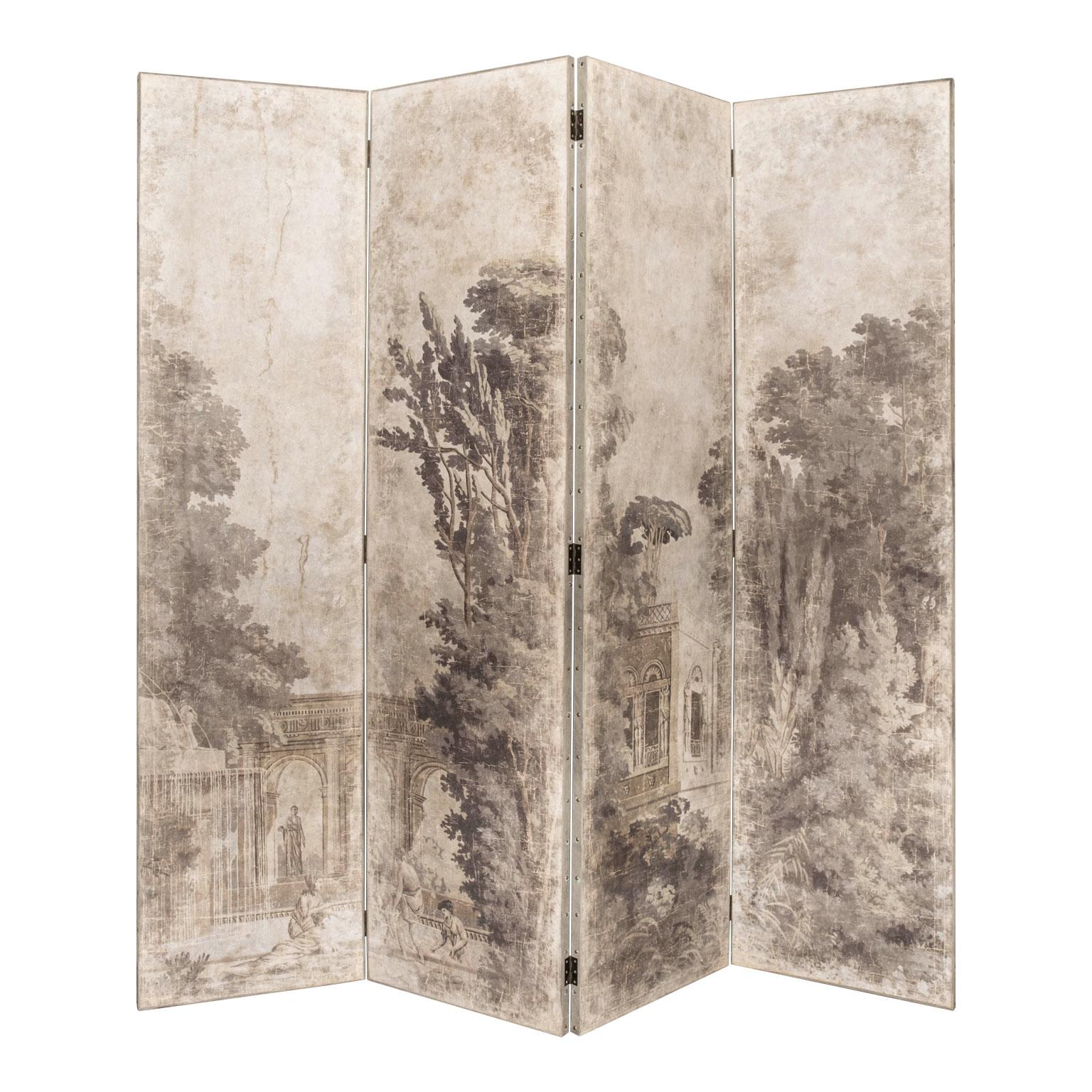 Italian Neoclassical Style Screen / Room Divider
Italian screen.
This lovely Italian Neoclassical style 4 panel Grasaille folding screen or room divider has beautiful outdoor scenes with foliage.
This fantastic screen is hand decorated on both sides