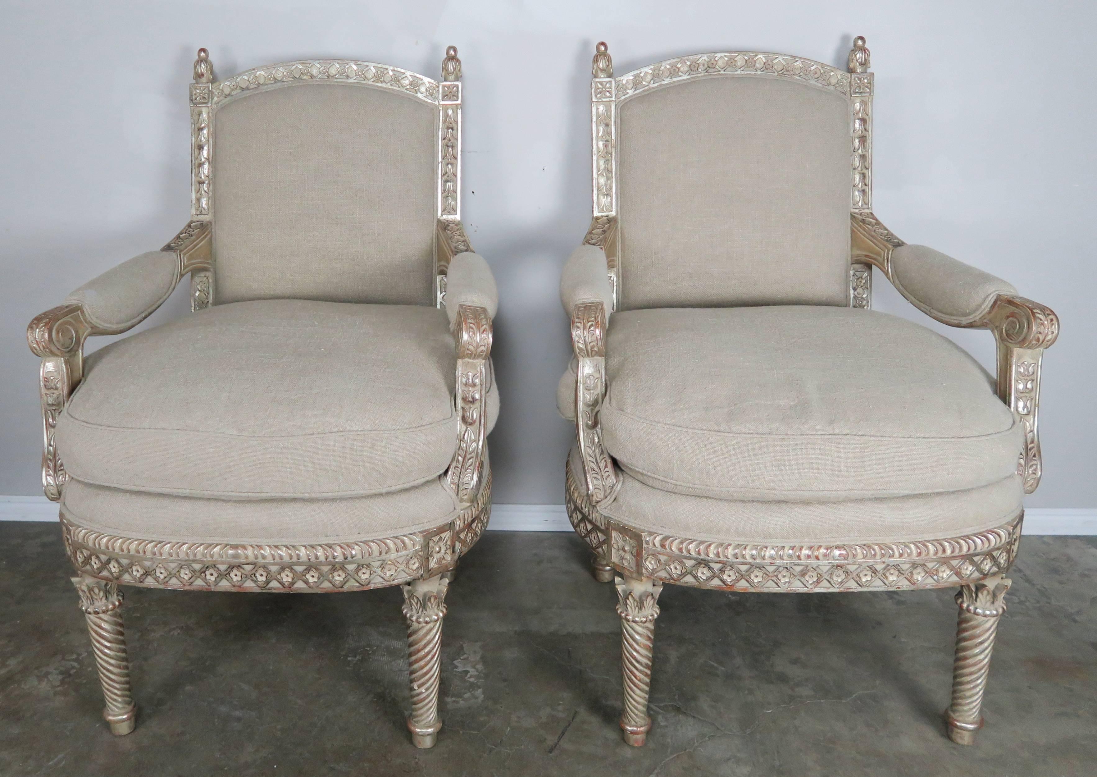 Italian Neoclassical Style Silver Gilt Armchairs, Pair In Excellent Condition In Los Angeles, CA