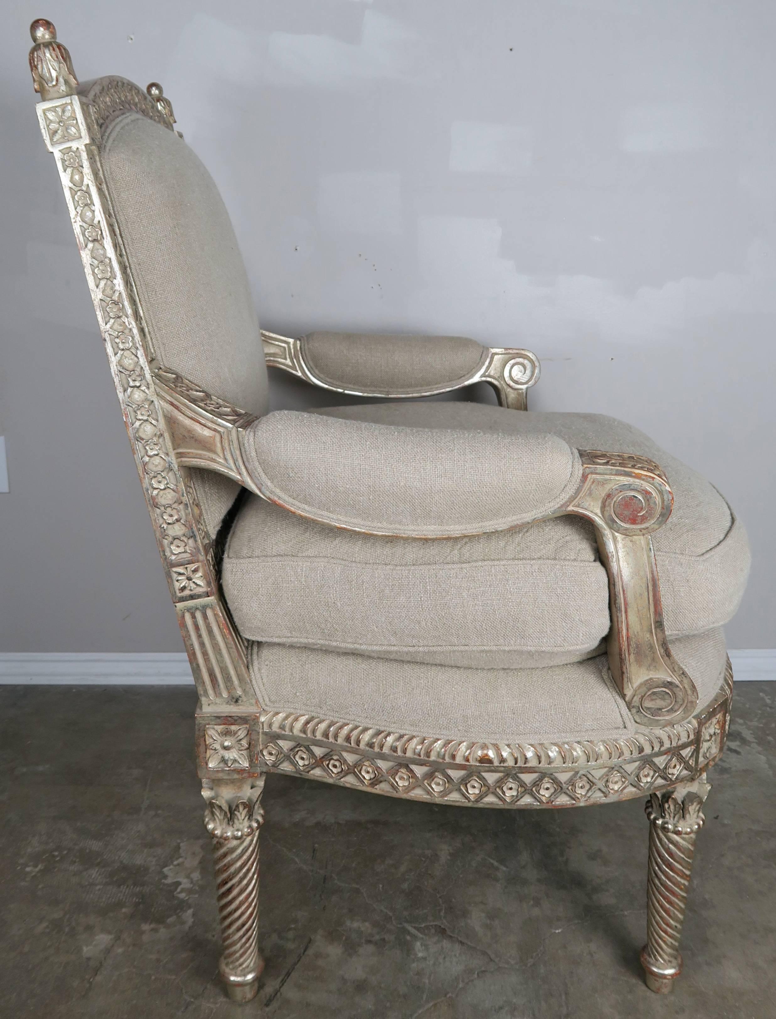 Linen Italian Neoclassical Style Silver Gilt Armchairs, Pair