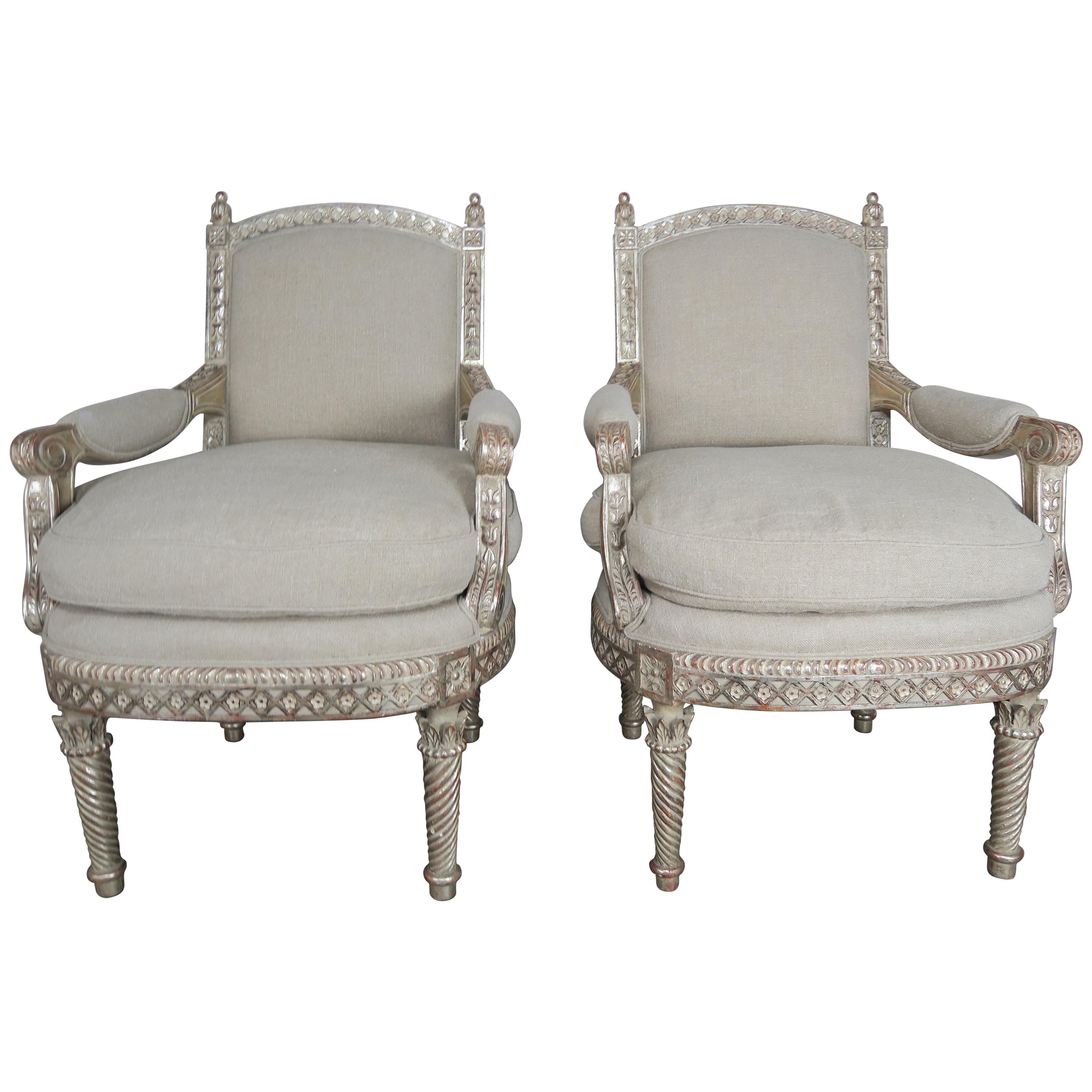 Italian Neoclassical Style Silver Gilt Armchairs, Pair