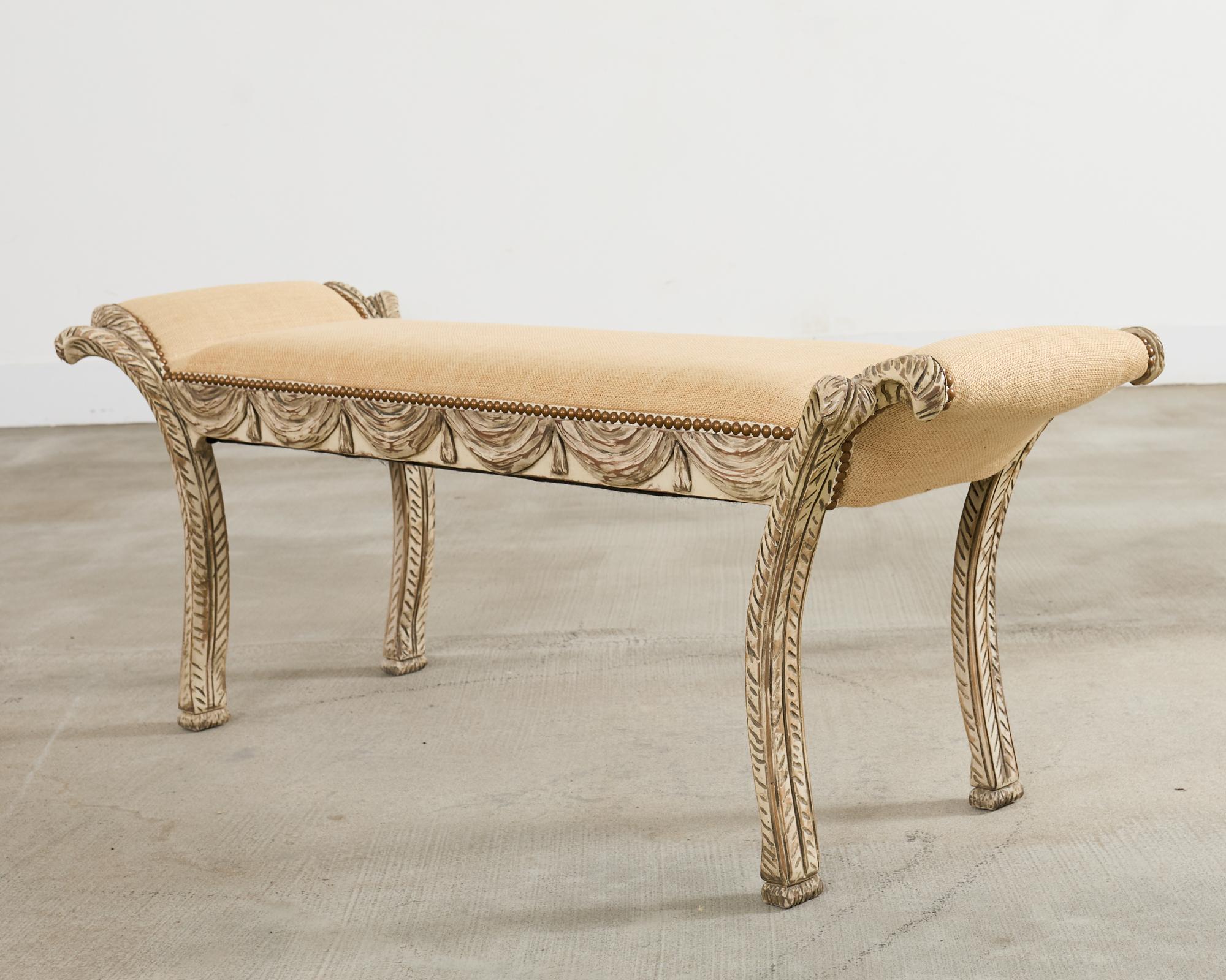 Hand-Crafted Italian Neoclassical Style Trompe l'oeil Carved Bench Seat For Sale