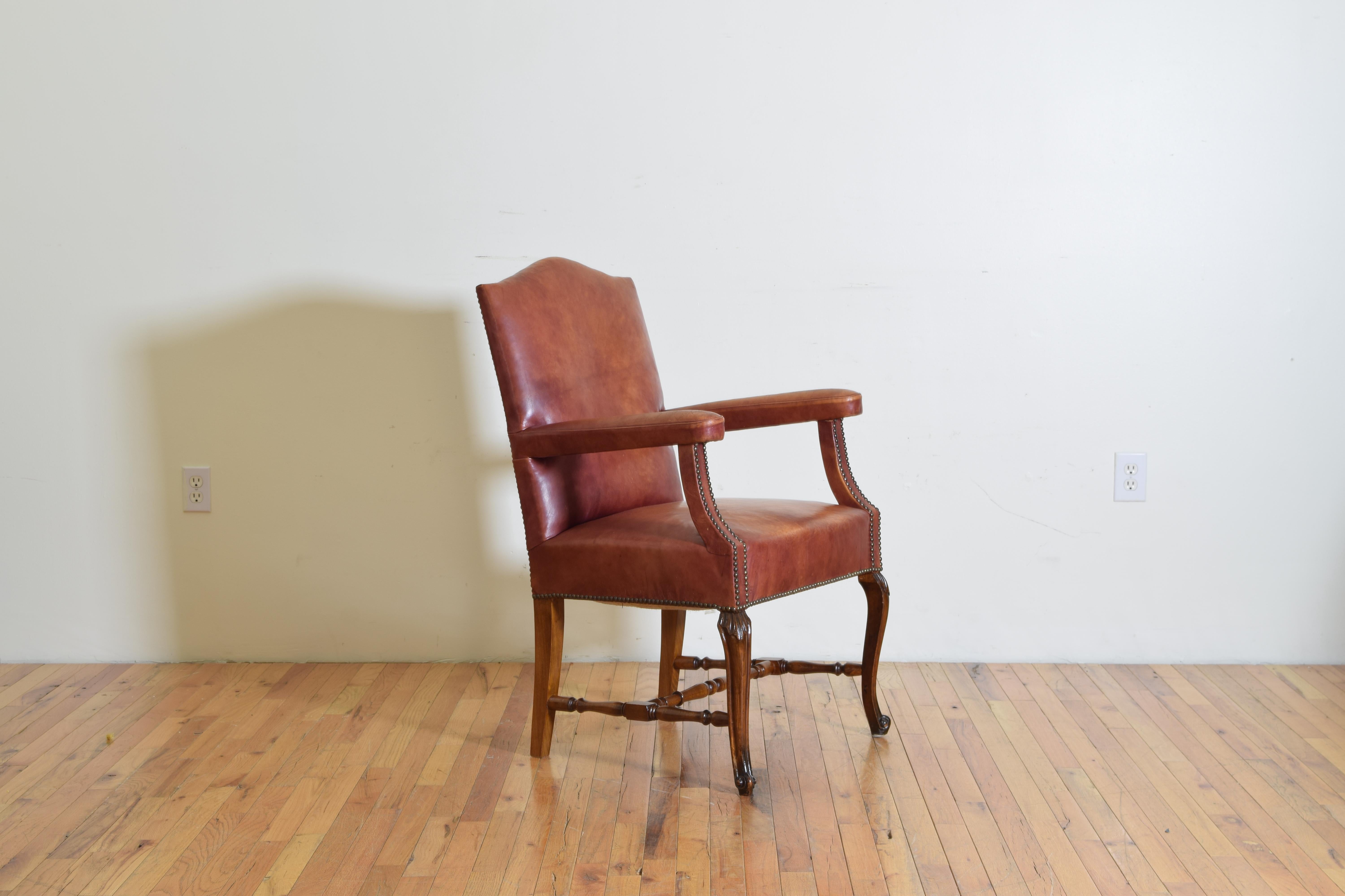 20th Century Italian Neoclassical Style Walnut & Leather Upholstered Armchair For Sale