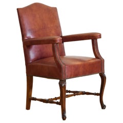 Antique Italian Neoclassical Style Walnut & Leather Upholstered Armchair