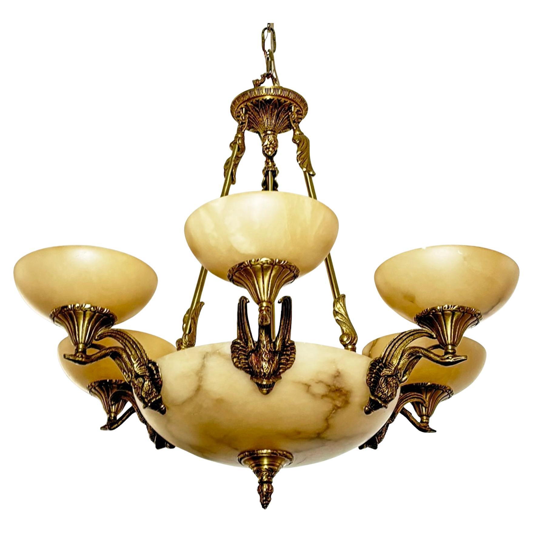 Italian NeoClassical Swan Motif Bronze & Alabaster 6 Arm Chandelier