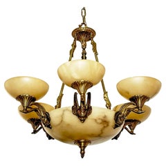 Italian NeoClassical Swan Motif Bronze & Alabaster 6 Arm Chandelier