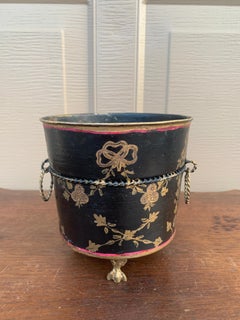 Italian Neoclassical Tole Black & Gold Cachepot Planter Vase