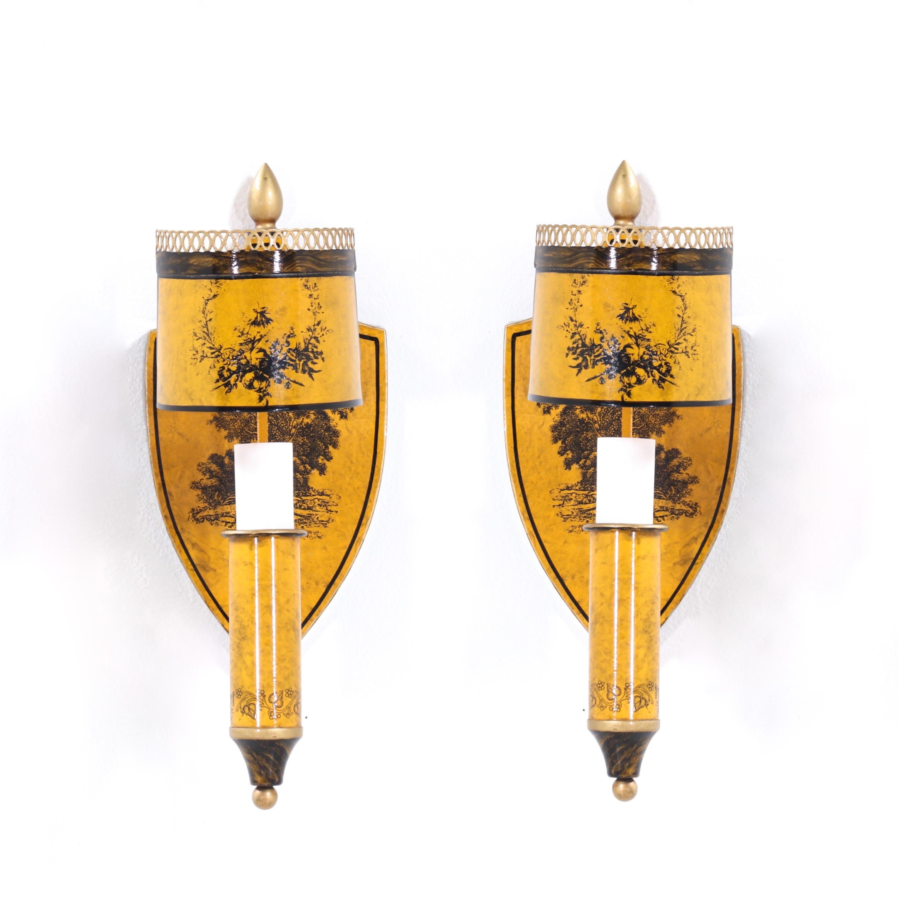 Classical, 1960s Italian tole painted sconces in the neoclassical style. 

Each of these, beautifully preserved, all metal sconces consist of a shield-back design with a removable matching shade to diffuse the light from the Edison base