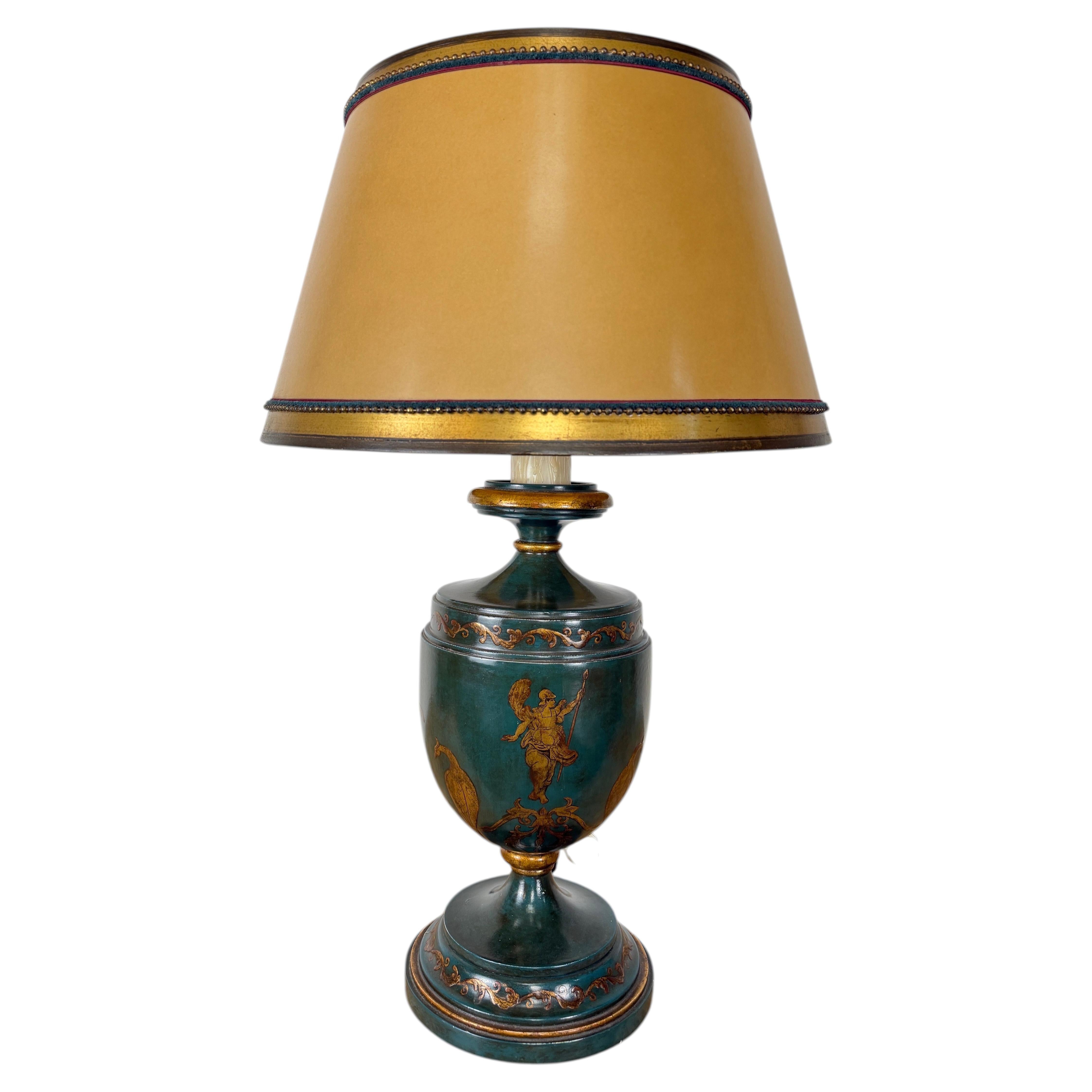 Italian Neoclassical Tole Urn Table Lamp Hand Painted Original Parchment Shade For Sale