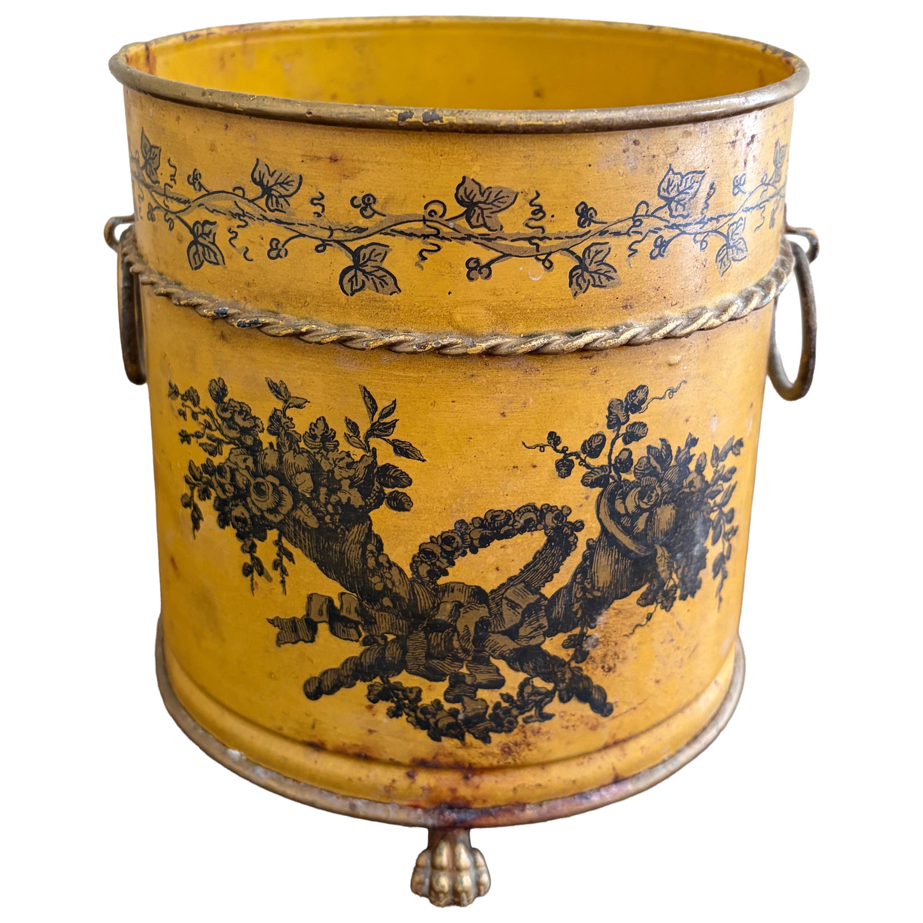 Vaso Cachepot Neoclassico Italiano Giallo con Teste di Leone