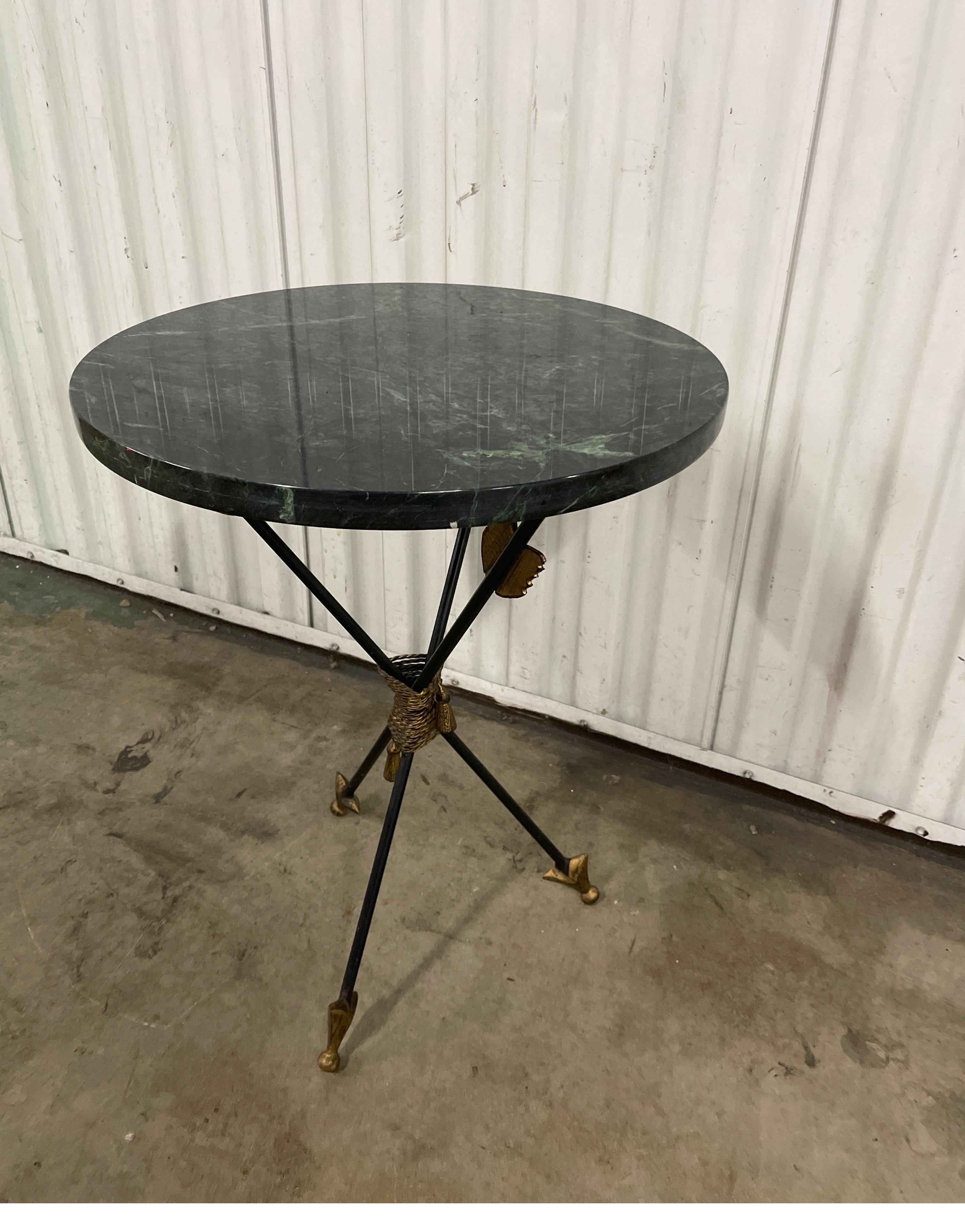 Iron Italian Neoclassical Tripod Arrow Table with Marble Top For Sale