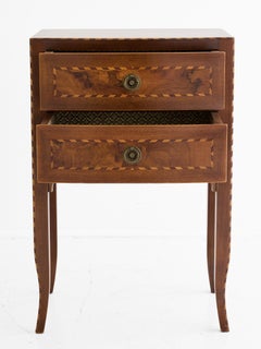 Italian Neoclassical Walnut and Fruitwood Inlaid Bedside Table, Two Drawers