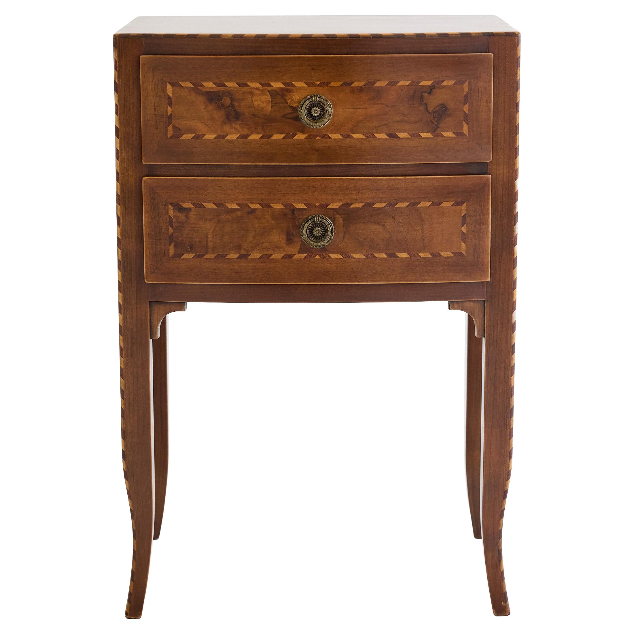 Italian Neoclassical Walnut and Fruitwood Inlaid Bedside Table, Two Drawers