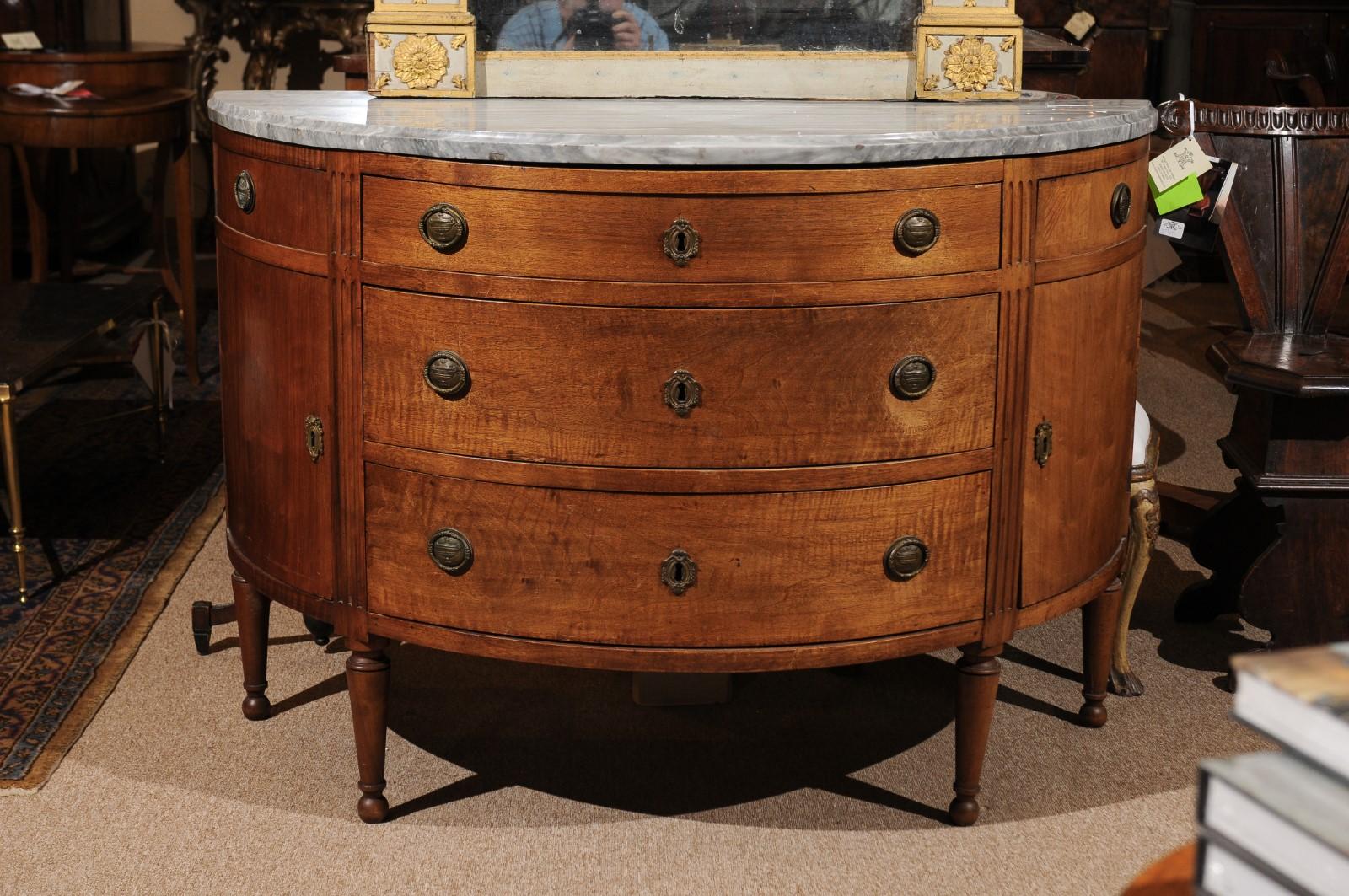 Turned Italian Neoclassical Walnut Demilune Commode with Grey Marble Top, circa 1800