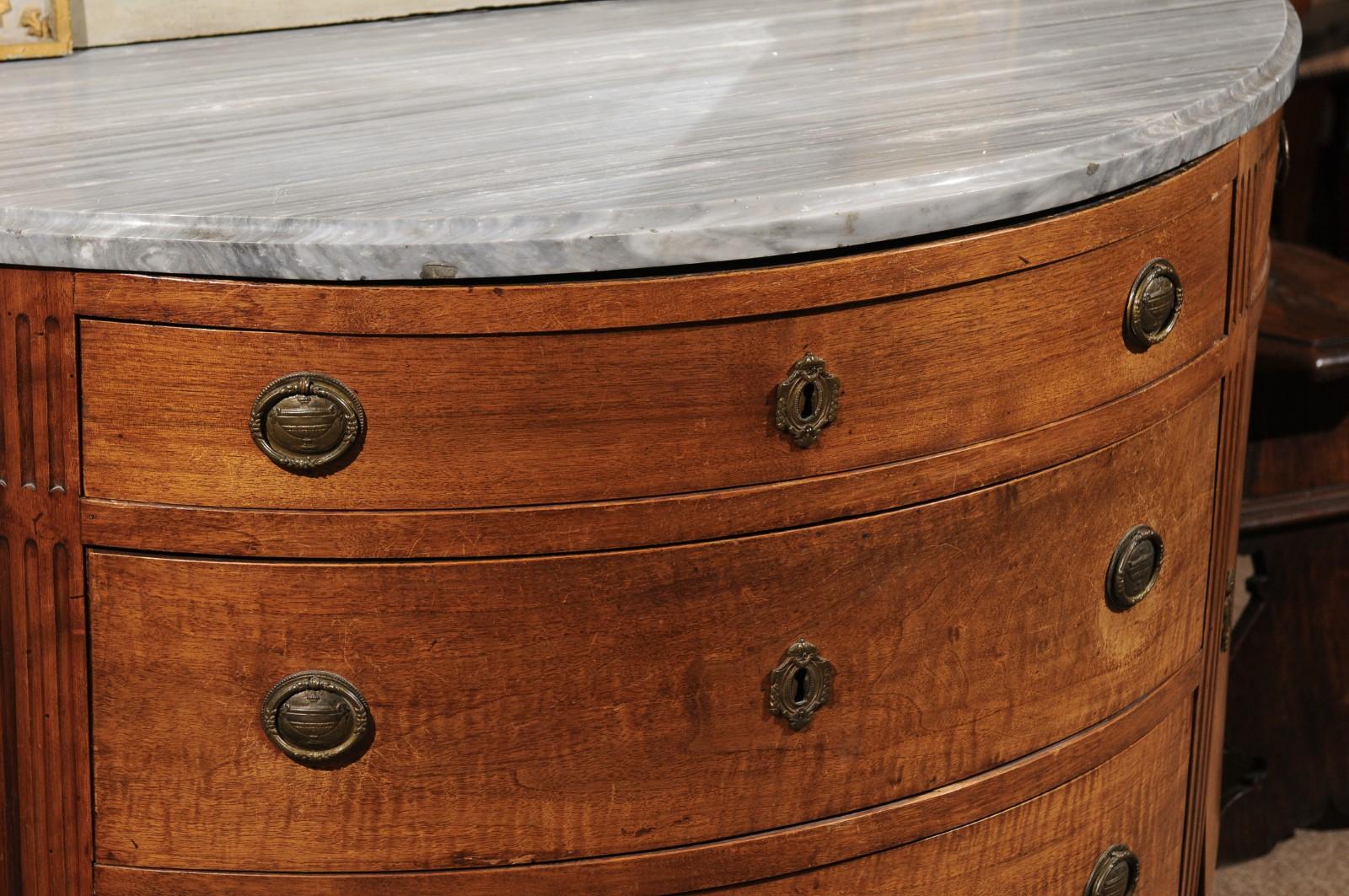Brass Italian Neoclassical Walnut Demilune Commode with Grey Marble Top, circa 1800