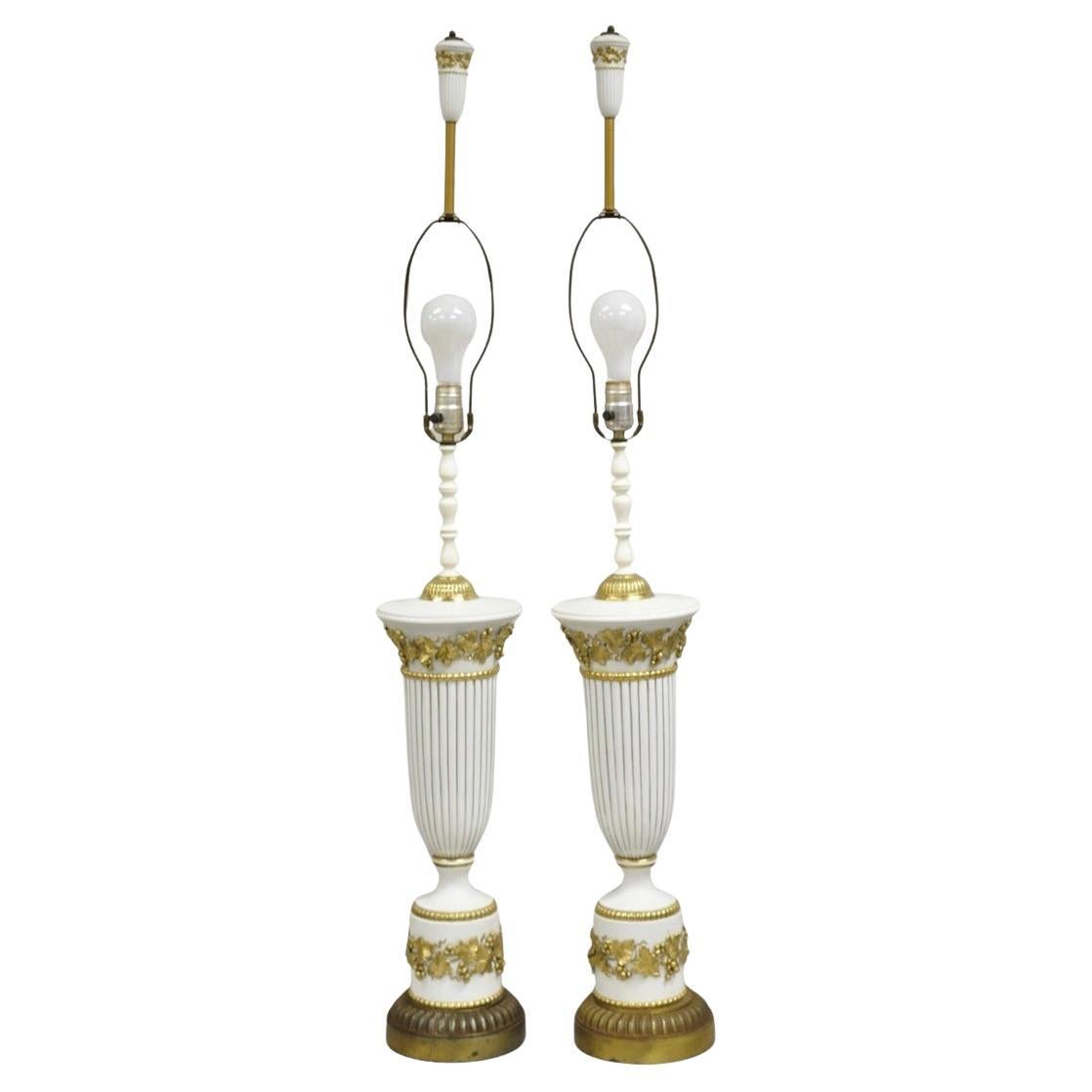Italian Neoclassical Wedgwood White Gold Porcelain Urn Tall Table Lamp - a Pair
