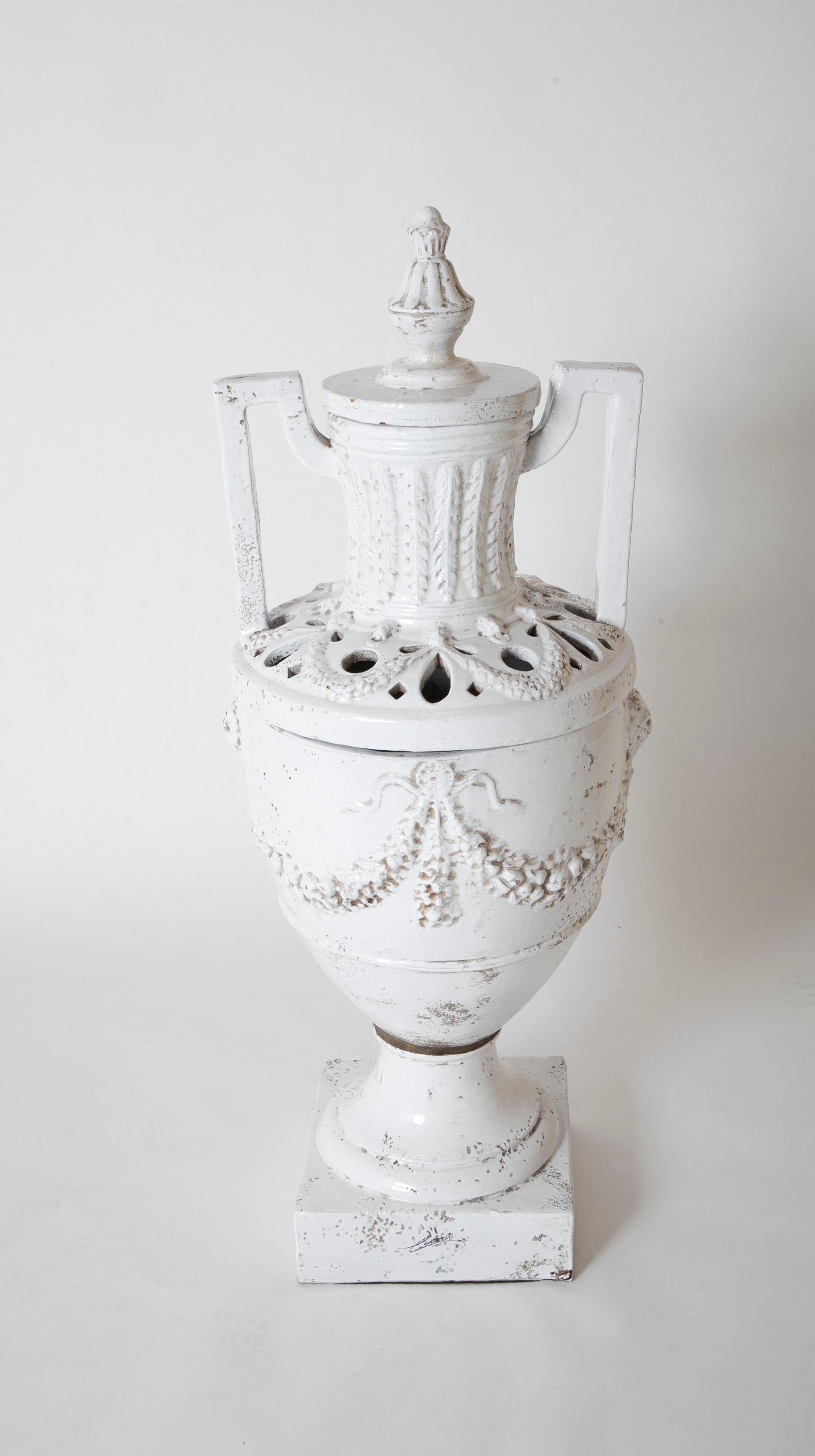 Italian Neoclassical White Glazed Ceramic Urn, Large Scale For Sale 8