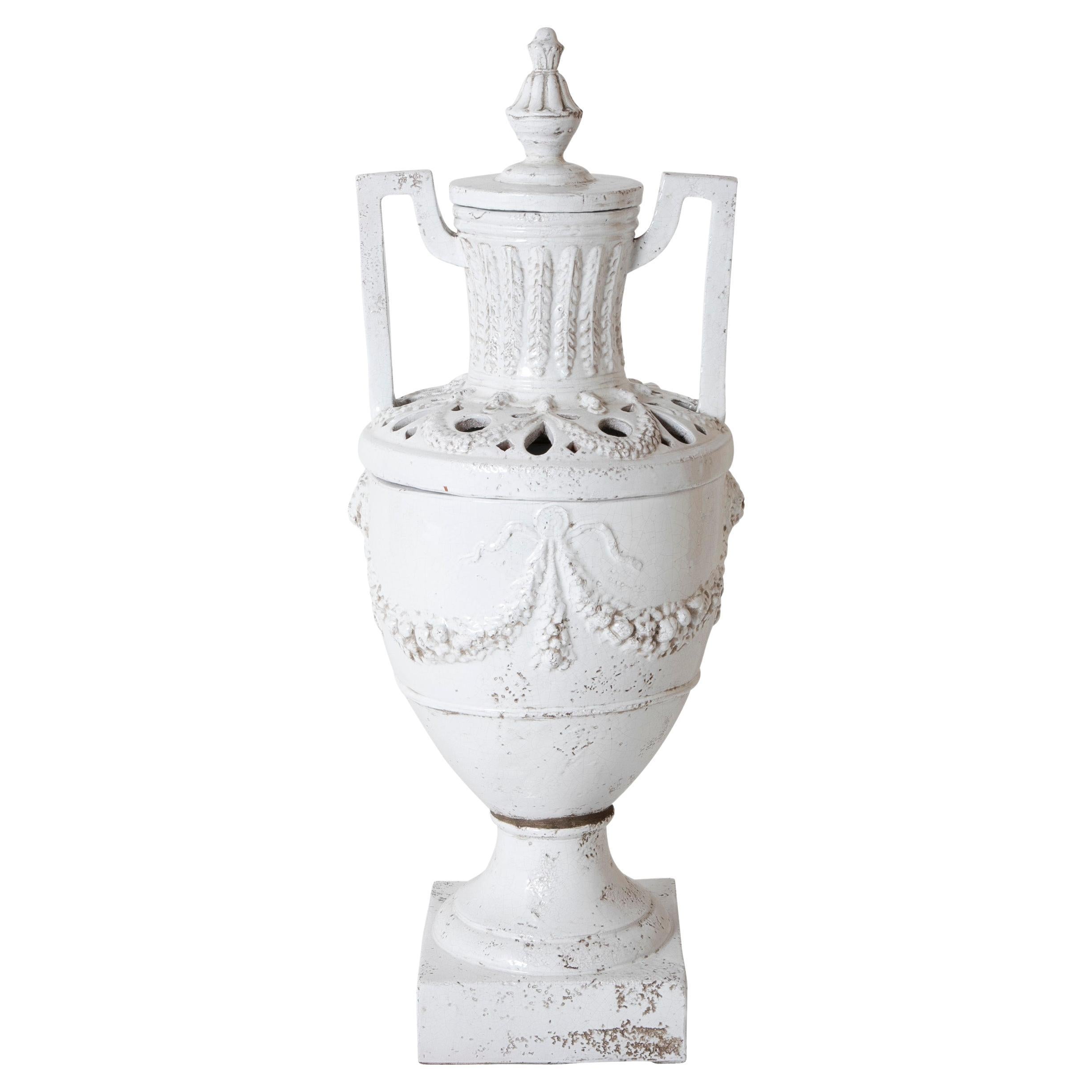 Italian Neoclassical White Glazed Ceramic Urn, Large Scale For Sale