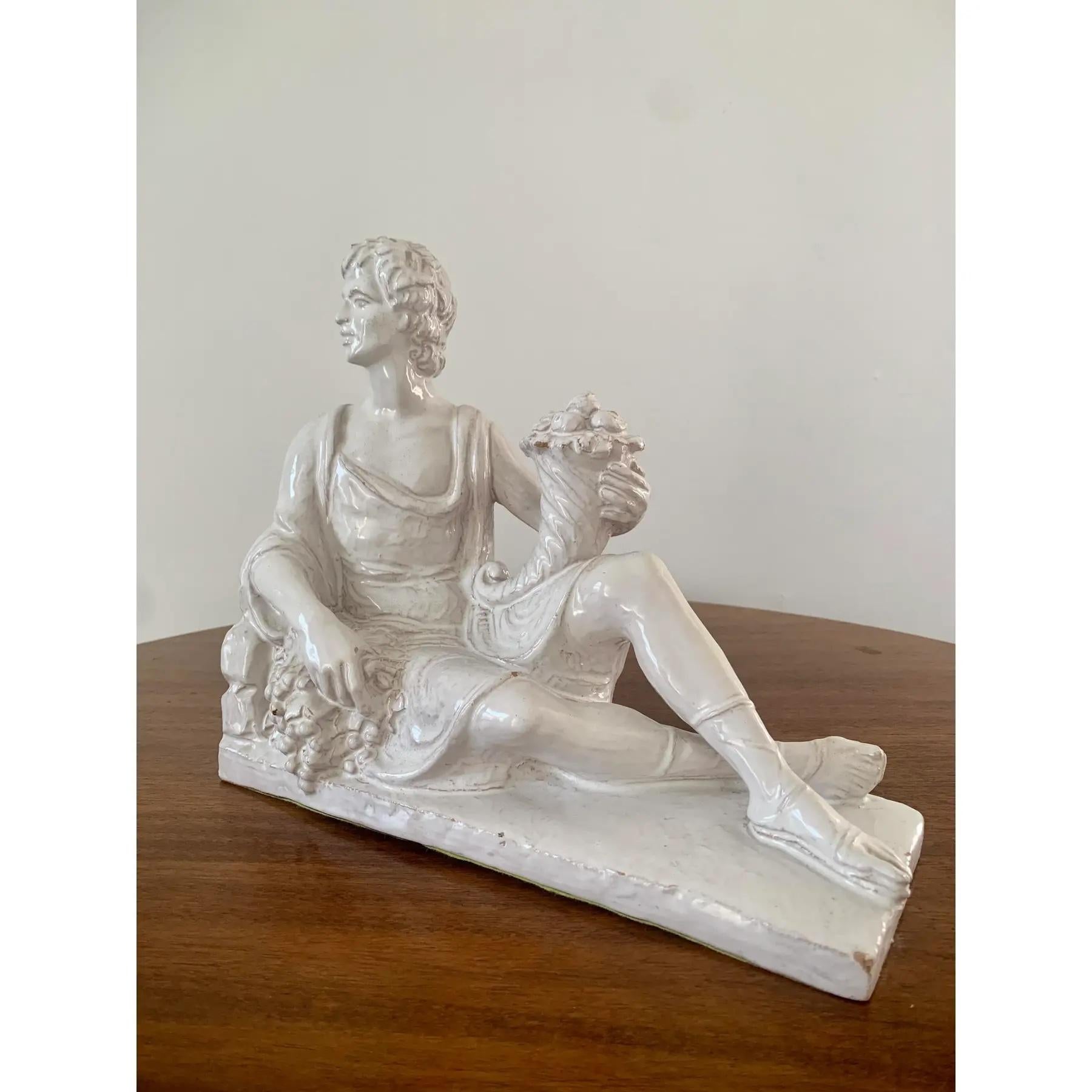 Italian Neoclassical White Porcelain Reclining Man with Cornucopia Sculpture In Good Condition For Sale In Elkhart, IN