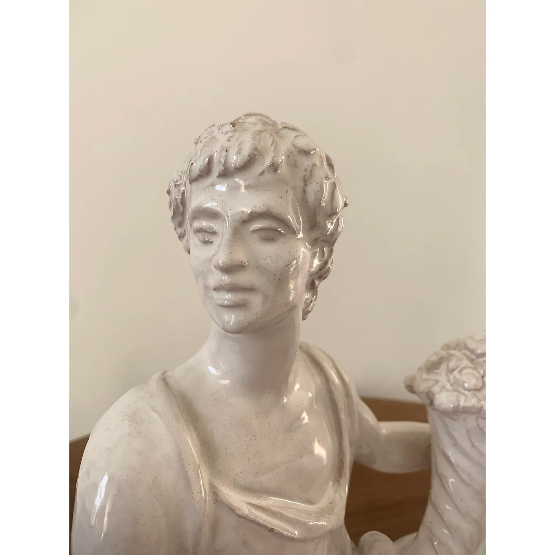 Mid-20th Century Italian Neoclassical White Porcelain Reclining Man with Cornucopia Sculpture For Sale