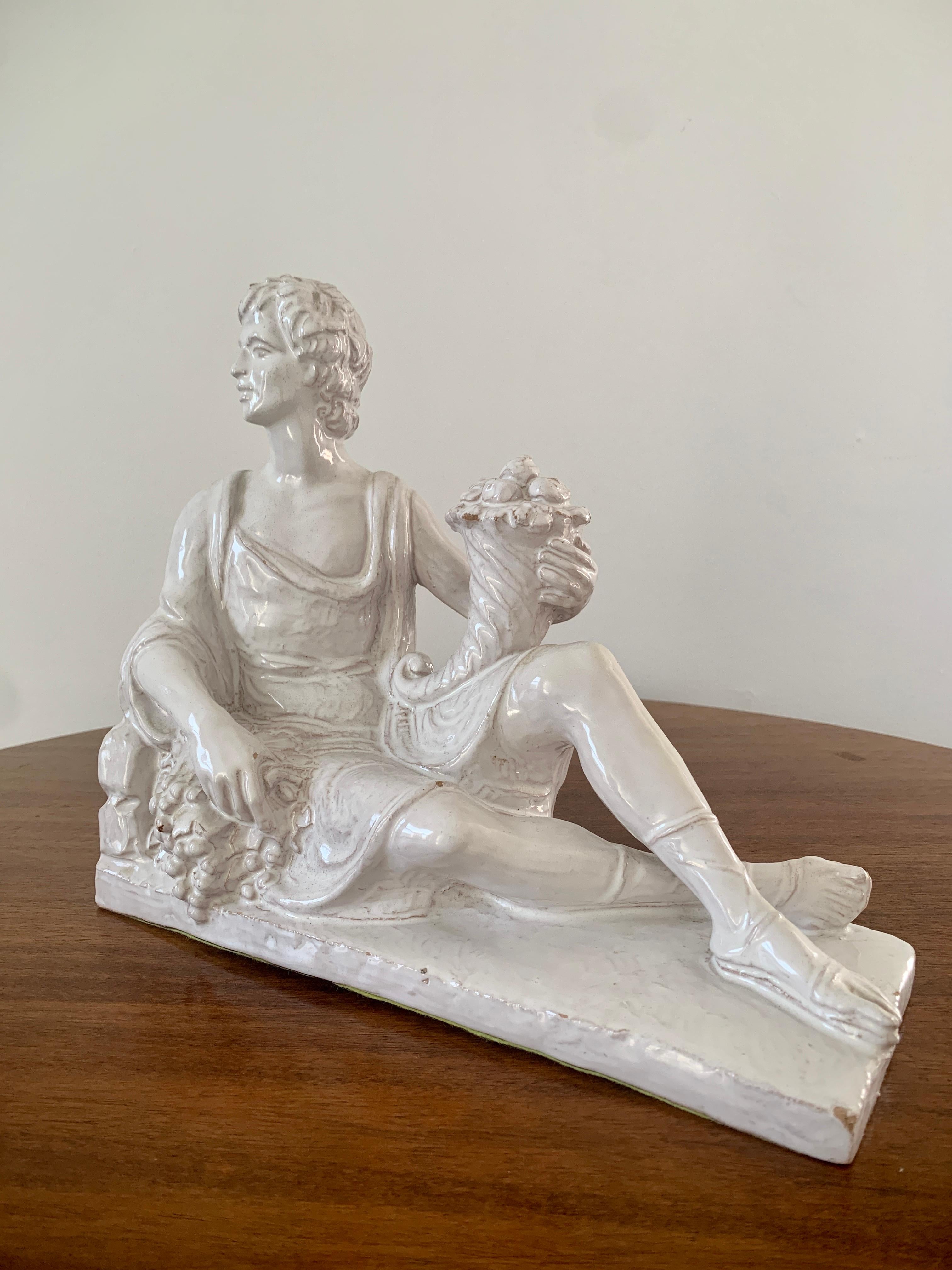 Italian Neoclassical White Porcelain Reclining Man with Cornucopia Sculpture For Sale 3