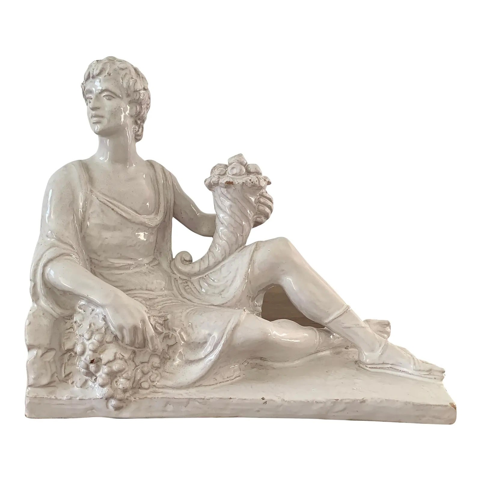 Italian Neoclassical White Porcelain Reclining Man with Cornucopia Sculpture For Sale