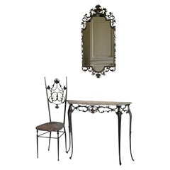 Italian Neoclassical Wrought Iron Console, Mirror and Chair