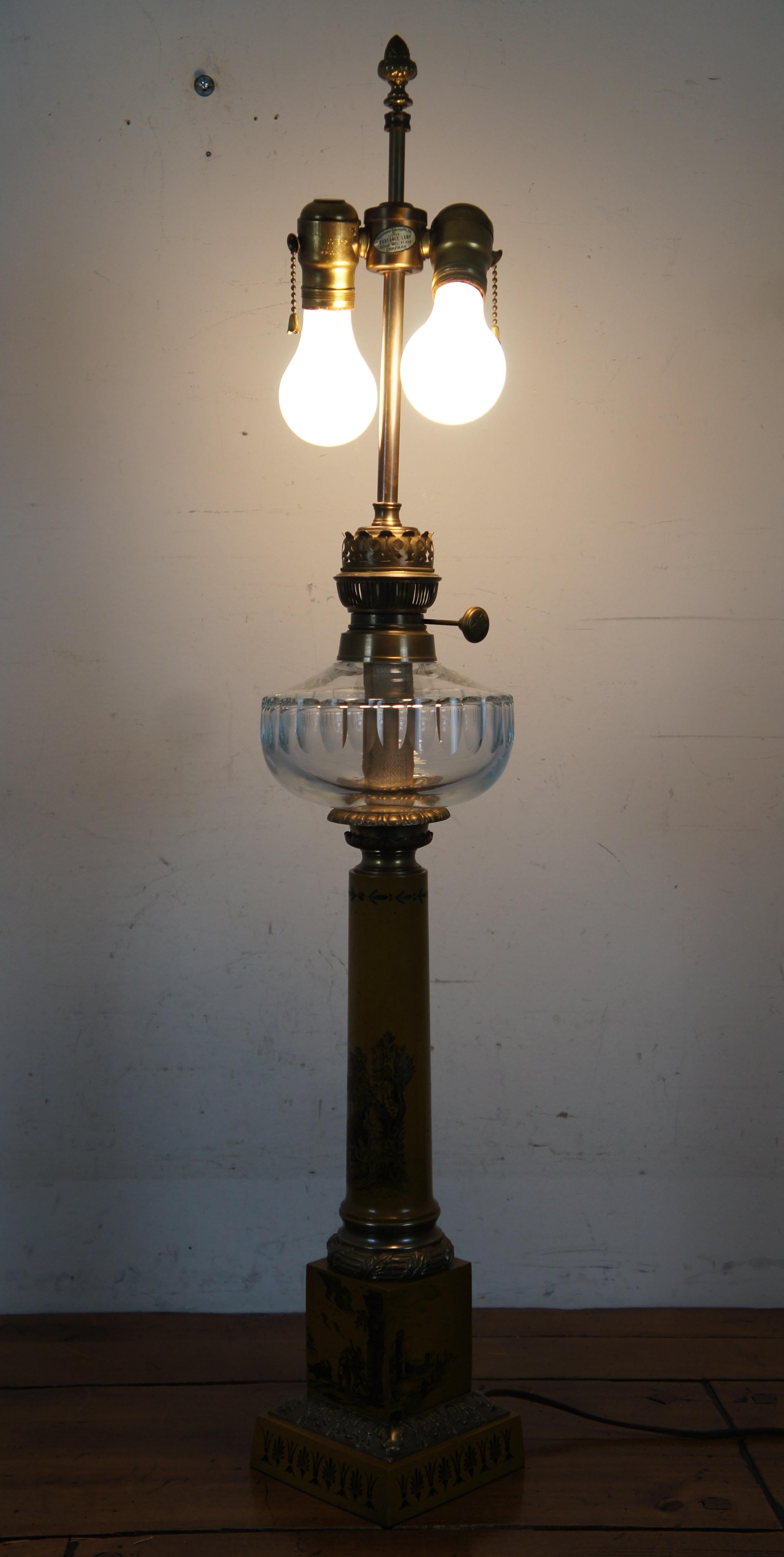 Italian Neoclassical Yellow Toile Corinthian Column Oil Lantern Style Table Lamp For Sale 6