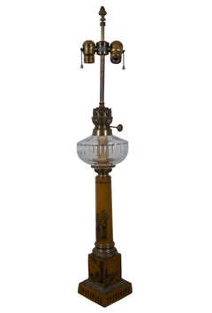Italian Neoclassical Yellow Toile Corinthian Column Oil Lantern Style Table Lamp