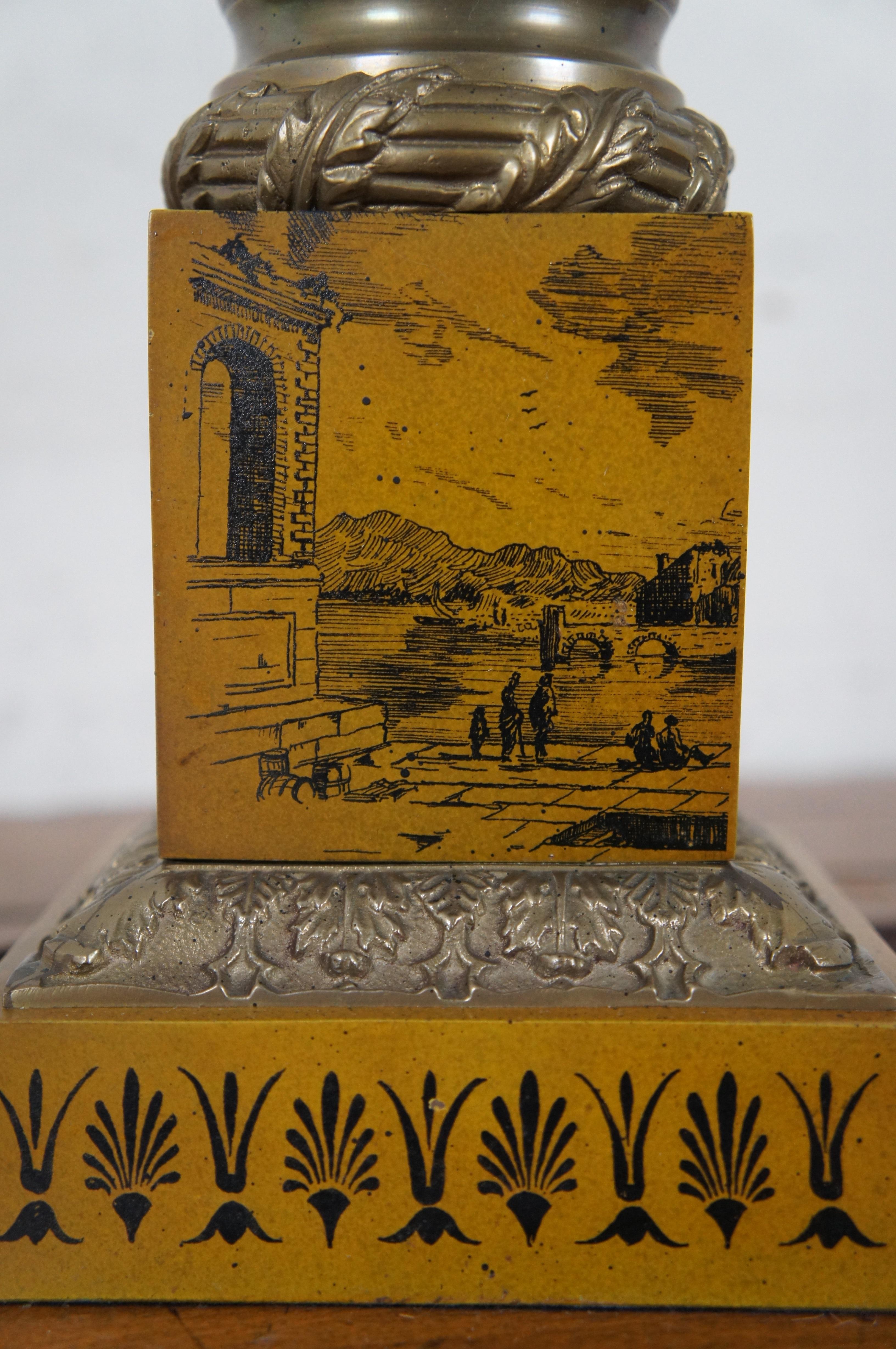 Italian Neoclassical Yellow Toile Corinthian Column Oil Lantern Style Table Lamp For Sale 2