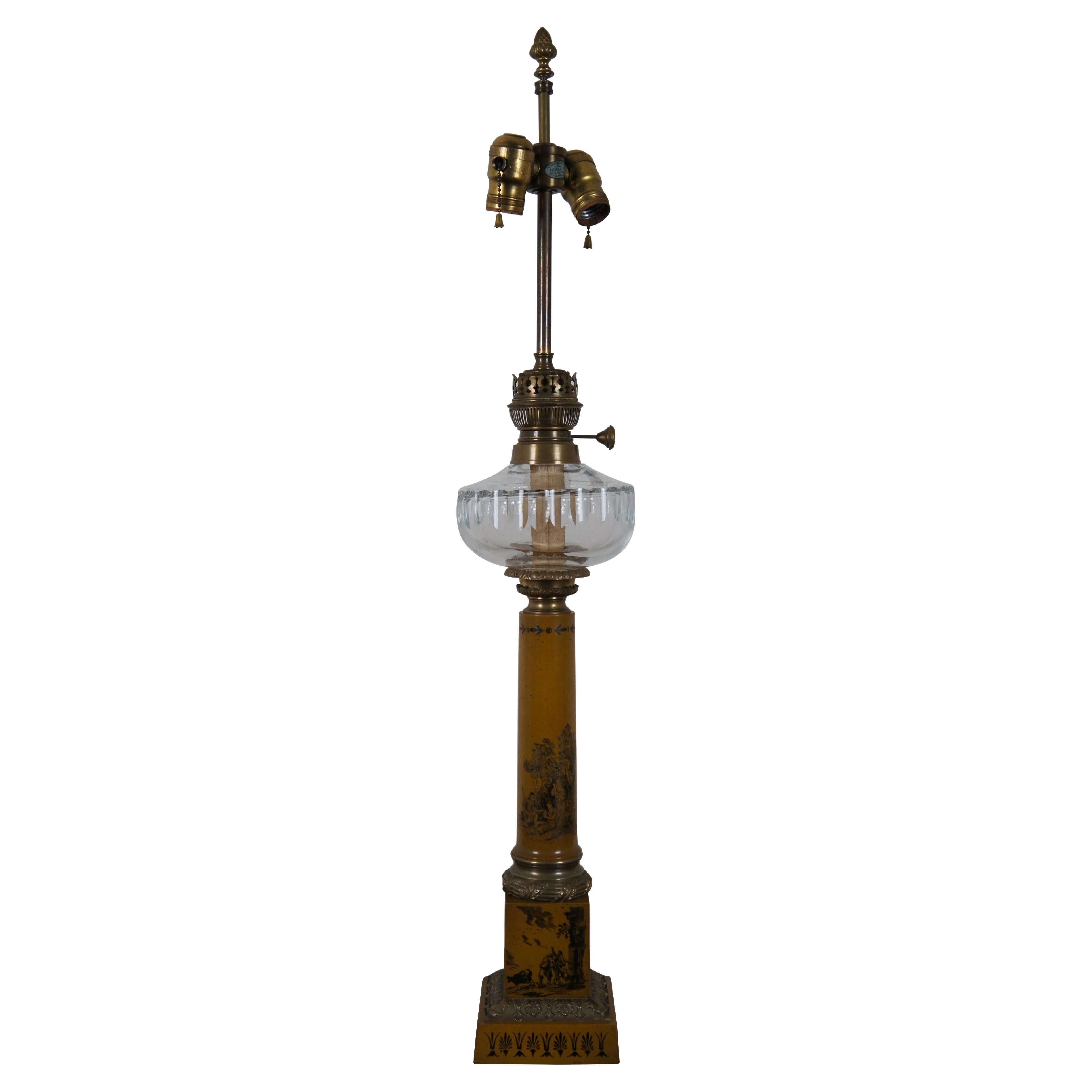 Italian Neoclassical Yellow Toile Corinthian Column Oil Lantern Style Table Lamp