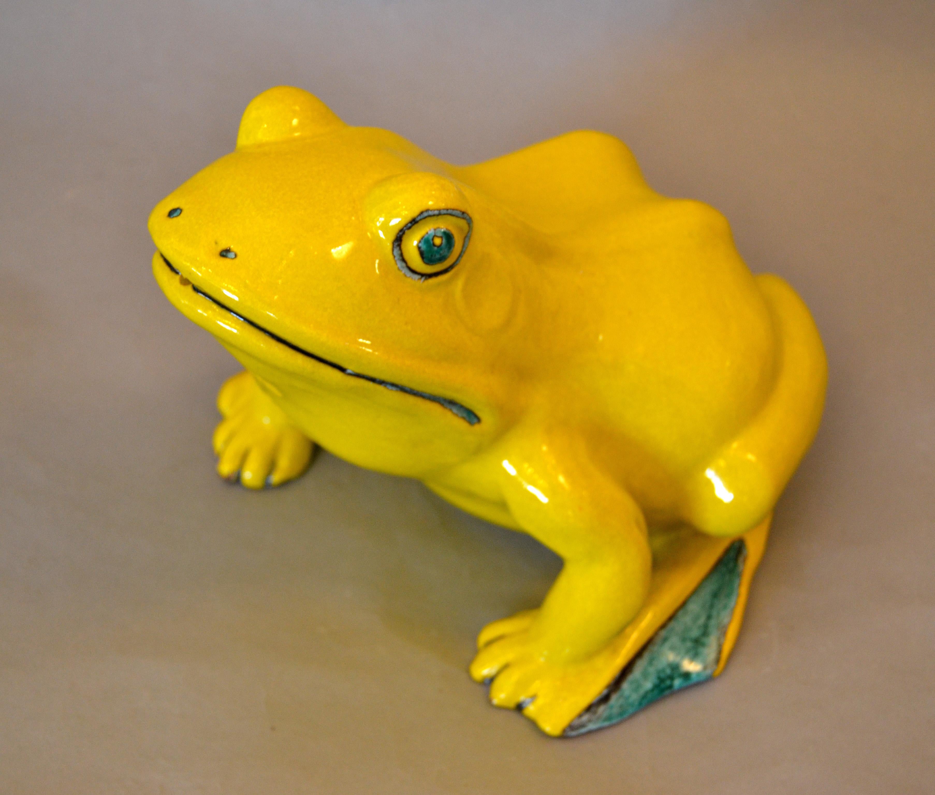 Italian Neon Yellow & Green Ceramic Fountain Frog Outdoor Sculpture, Pottery 1