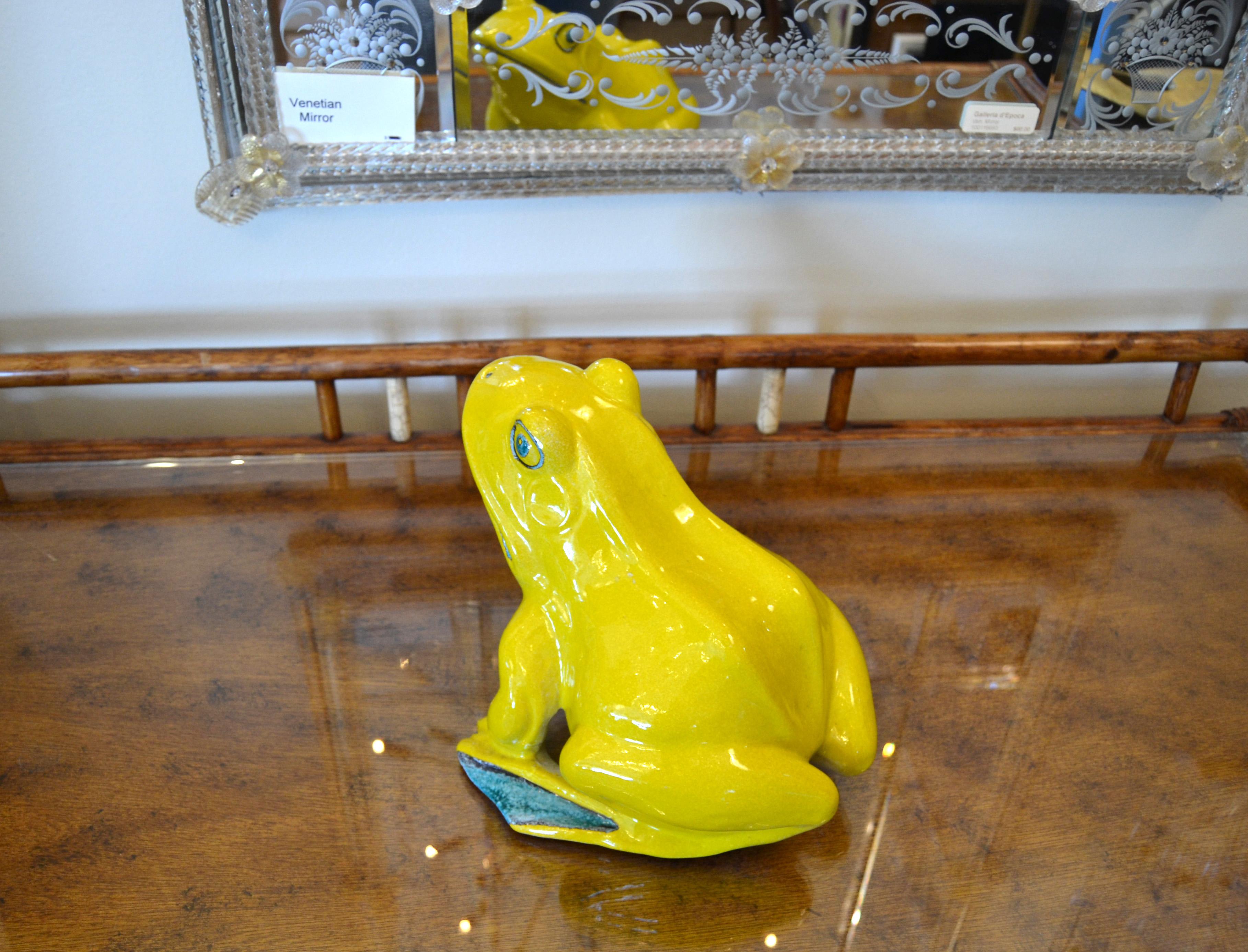 Italian Neon Yellow & Green Ceramic Fountain Frog Outdoor Sculpture, Pottery 4