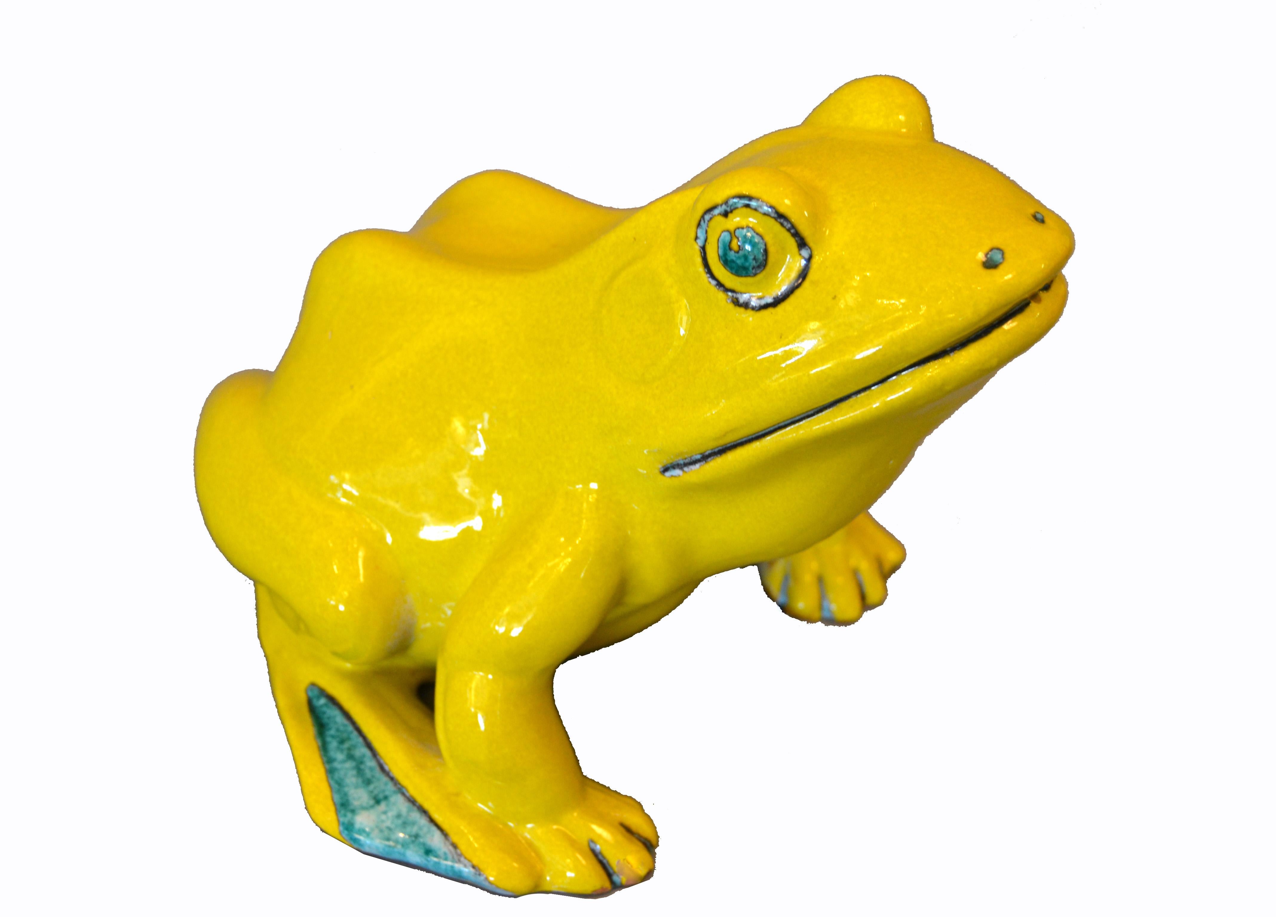 Whimsical ceramic neon yellow & green Fountain frog or outdoor sculpture, decorative animal pottery from Italy.
A hole in his mouth allows water to come out.
Marked underneath: Made in Italy.