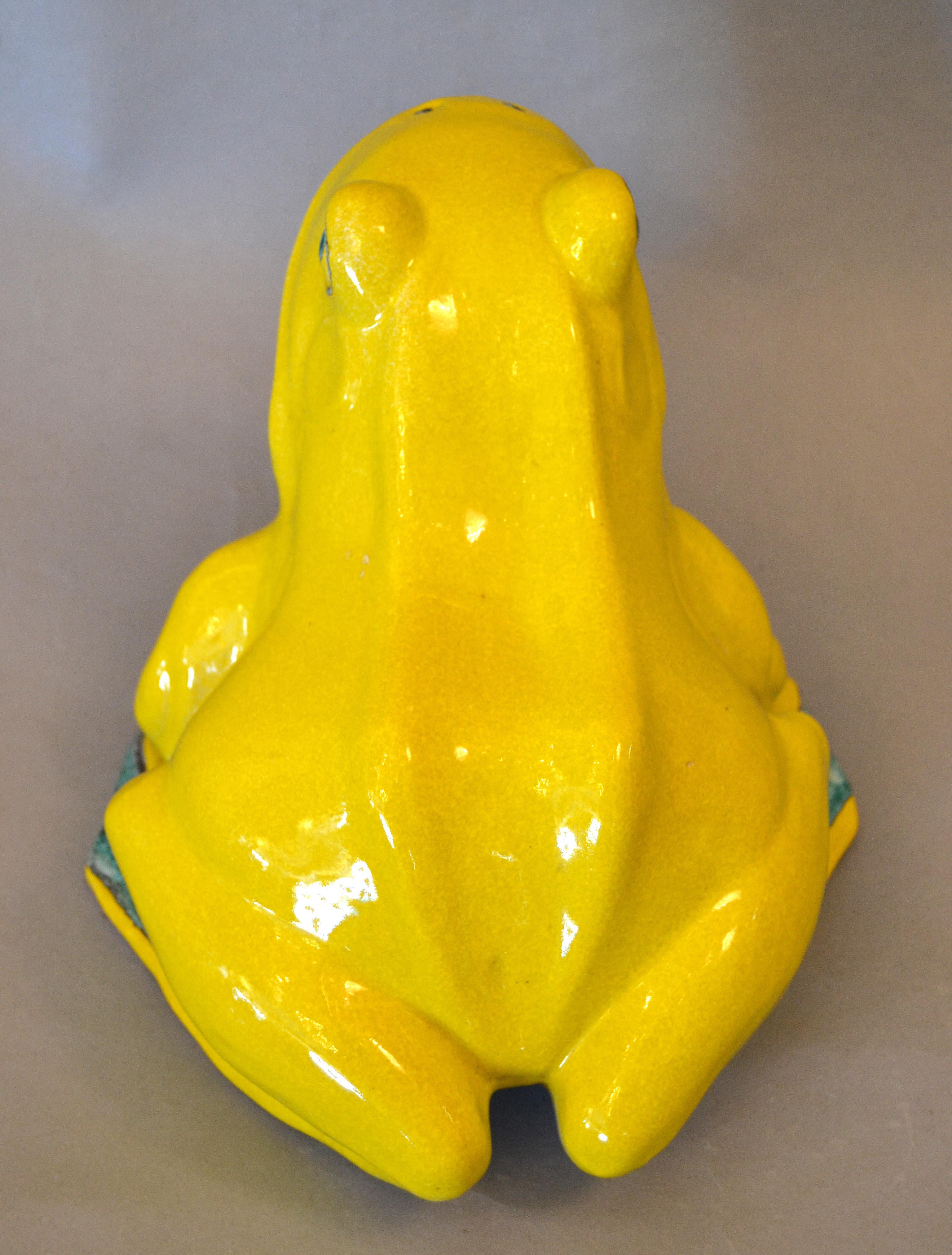 20th Century Italian Neon Yellow & Green Ceramic Fountain Frog Outdoor Sculpture, Pottery