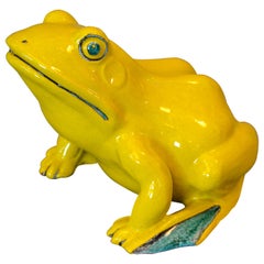 Vintage Italian Neon Yellow & Green Ceramic Fountain Frog Outdoor Sculpture, Pottery