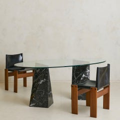 Italian Nero Marquina Marble + Oval Glass Dining Table, 1970s