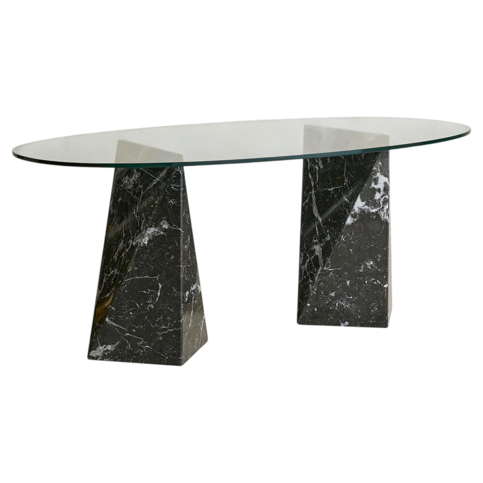 Italian Nero Marquina Marble + Oval Glass Dining Table, 1970s